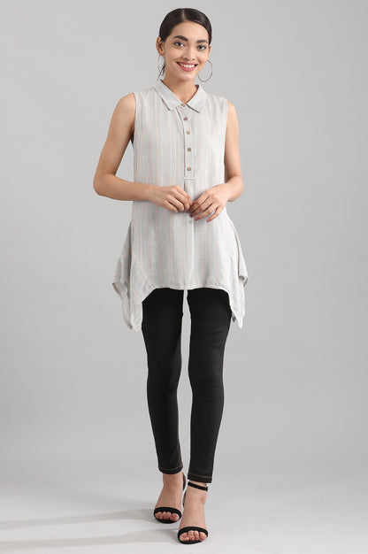 White Shirt Collar Yarn-dyed Liva Top