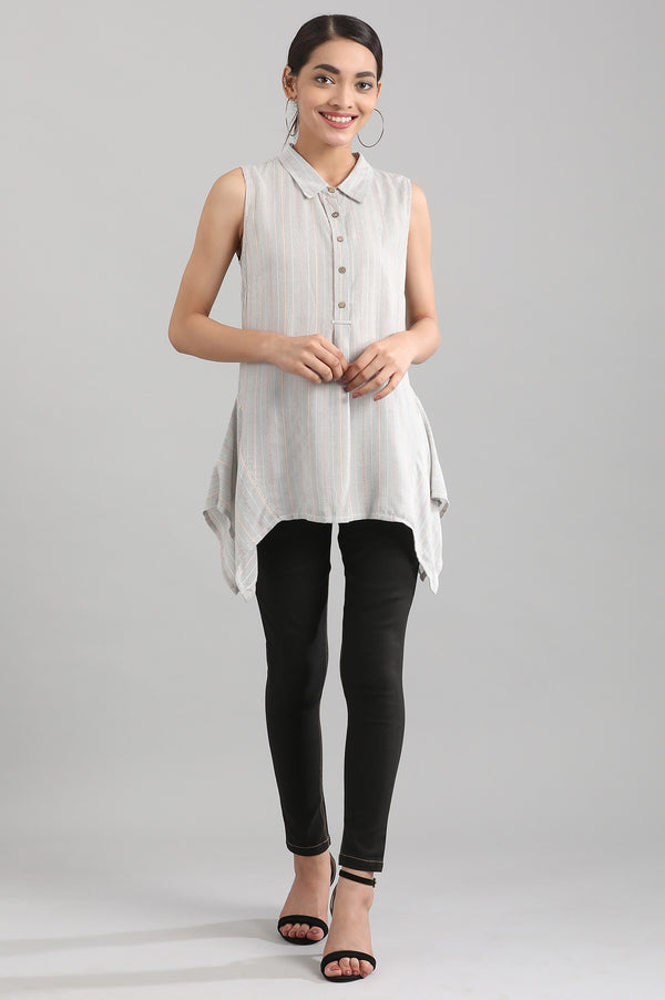 White Shirt Collar Yarn-dyed Liva Top
