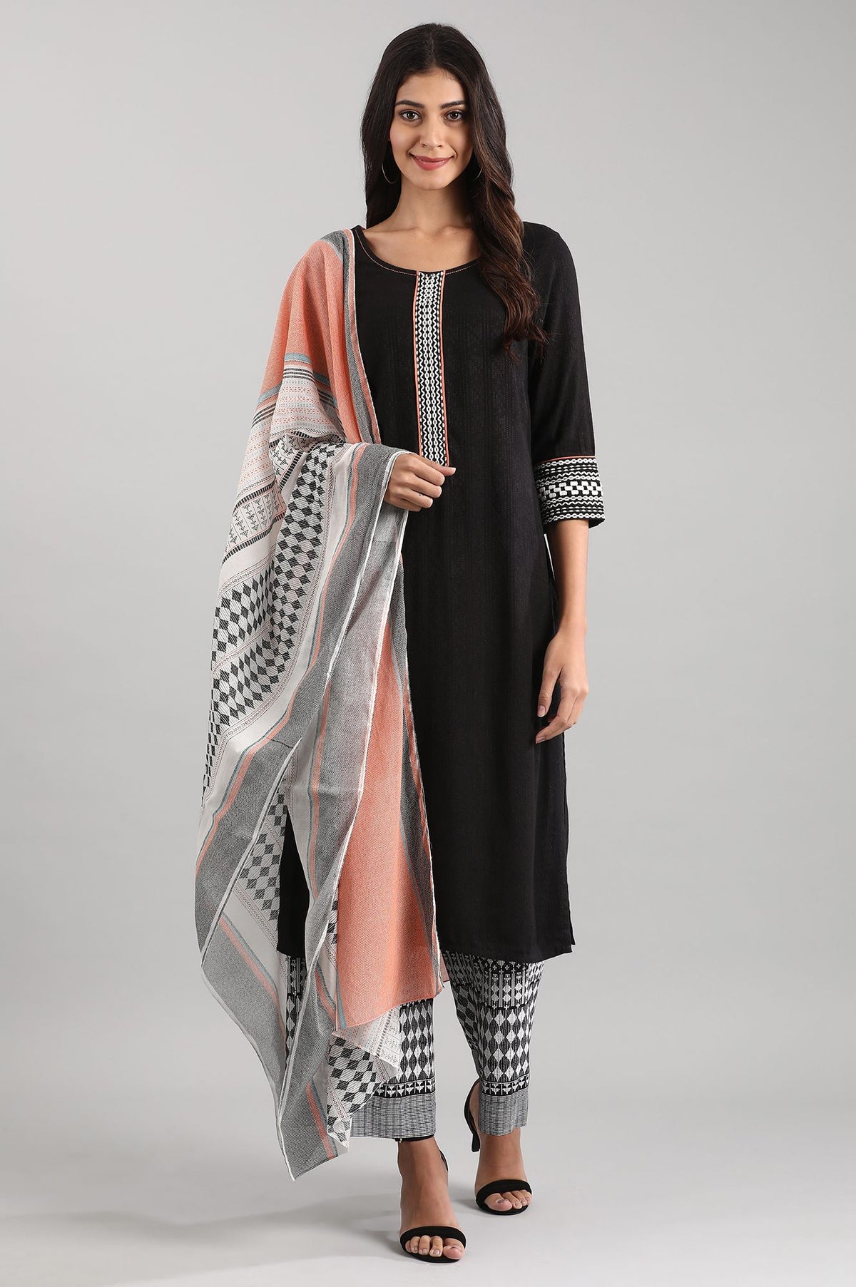 Black Cotton kurta with Palazzo and Dupatta - XS