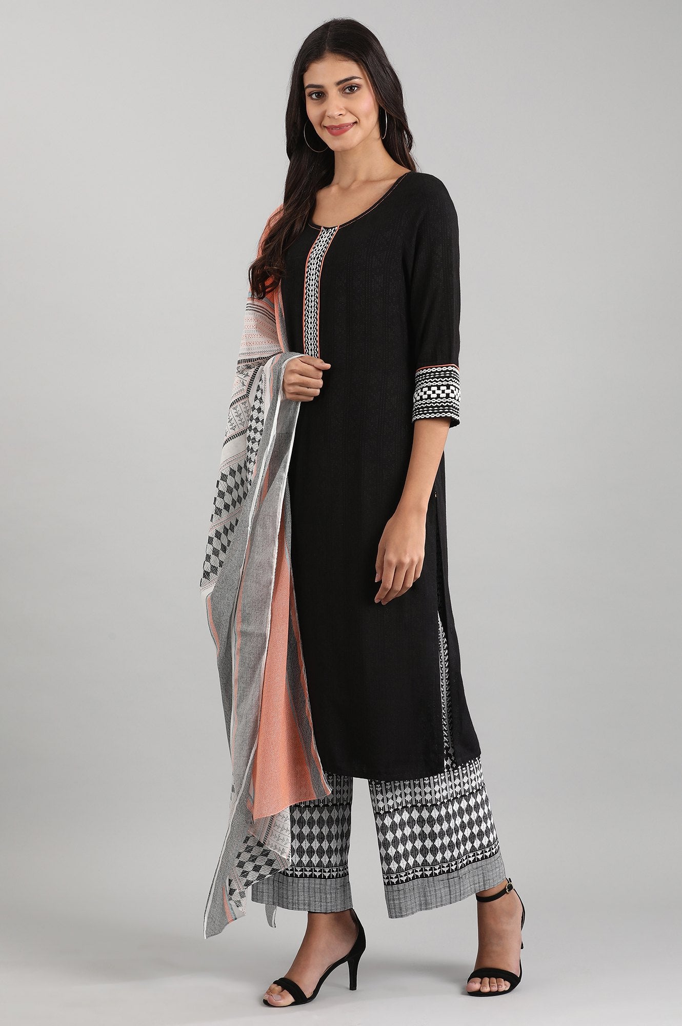 Black Cotton kurta with Palazzo and Dupatta