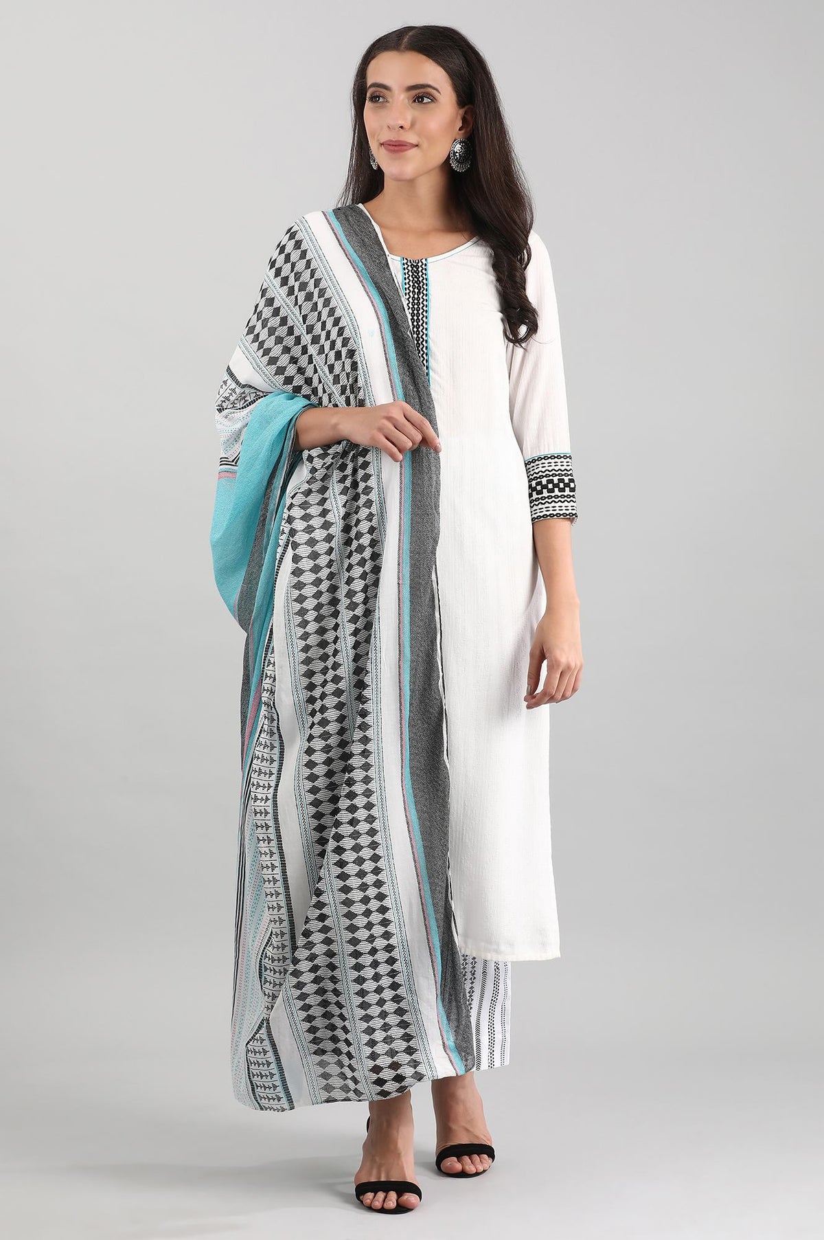 White Cotton kurta with Palazzo and Dupatta - XS