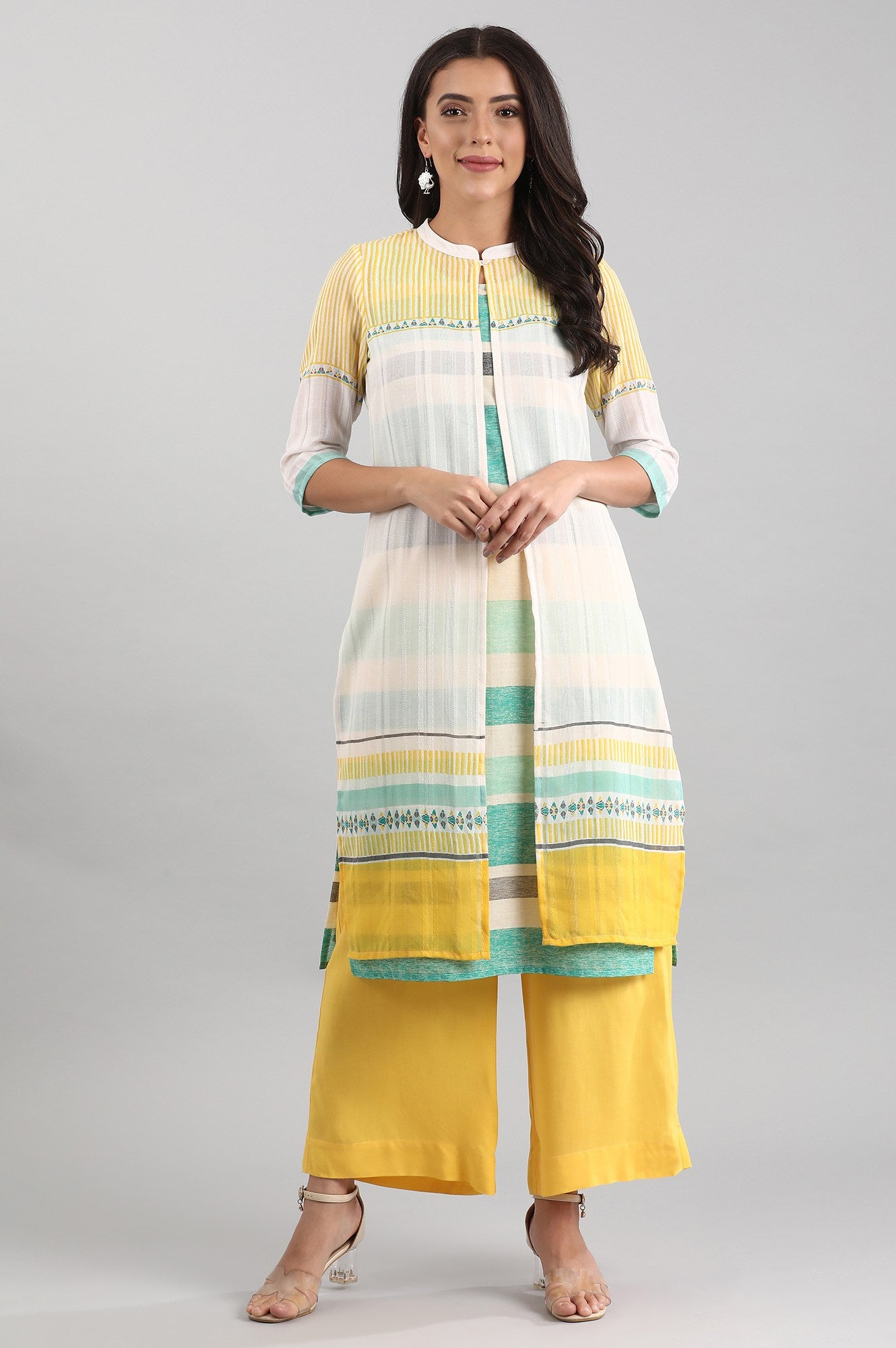 Yellow Round Neck Printed kurta Set