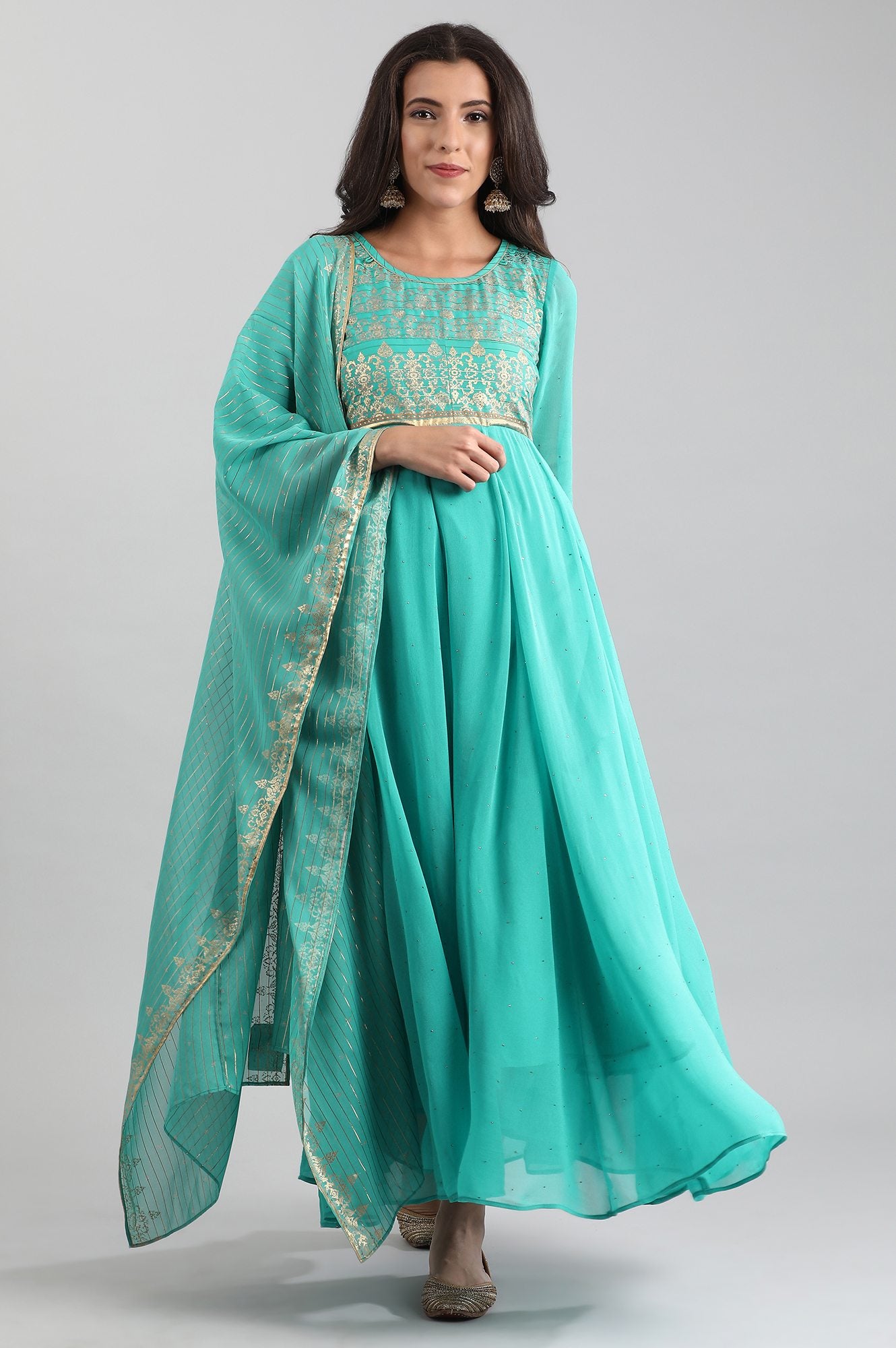 Green Round Neck kurta with Dupatta