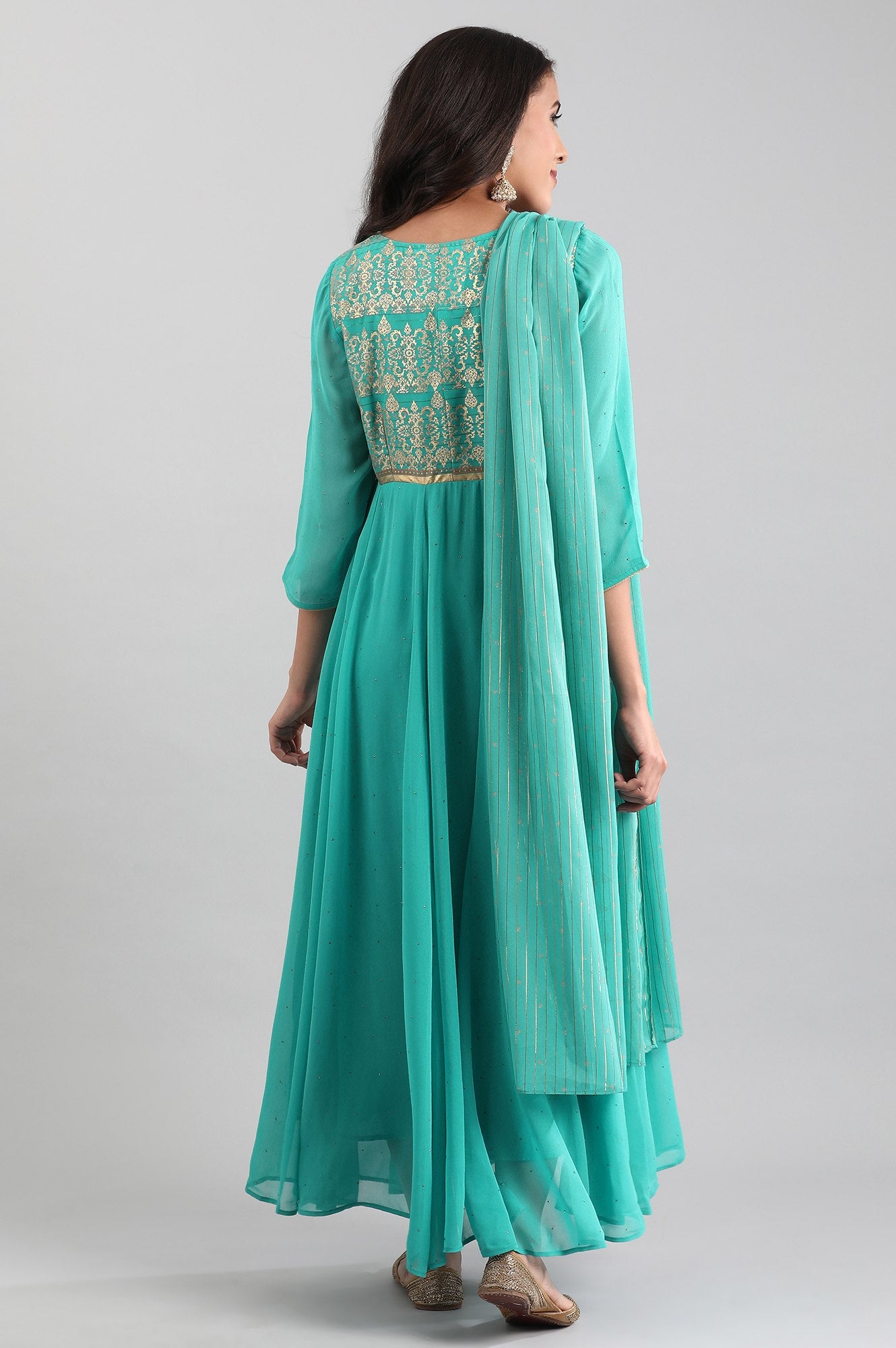 Green Round Neck kurta with Dupatta