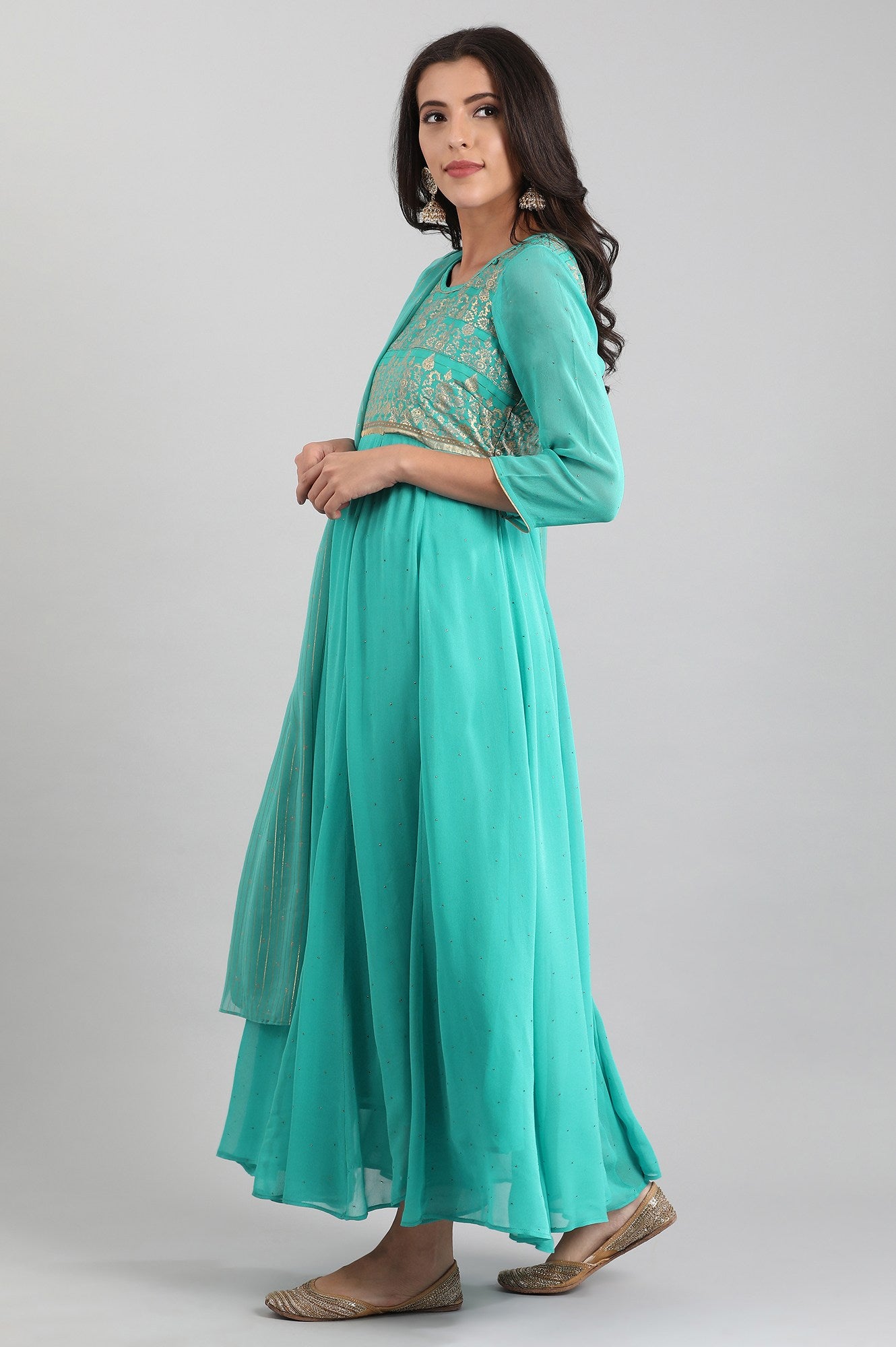 Green Round Neck kurta with Dupatta