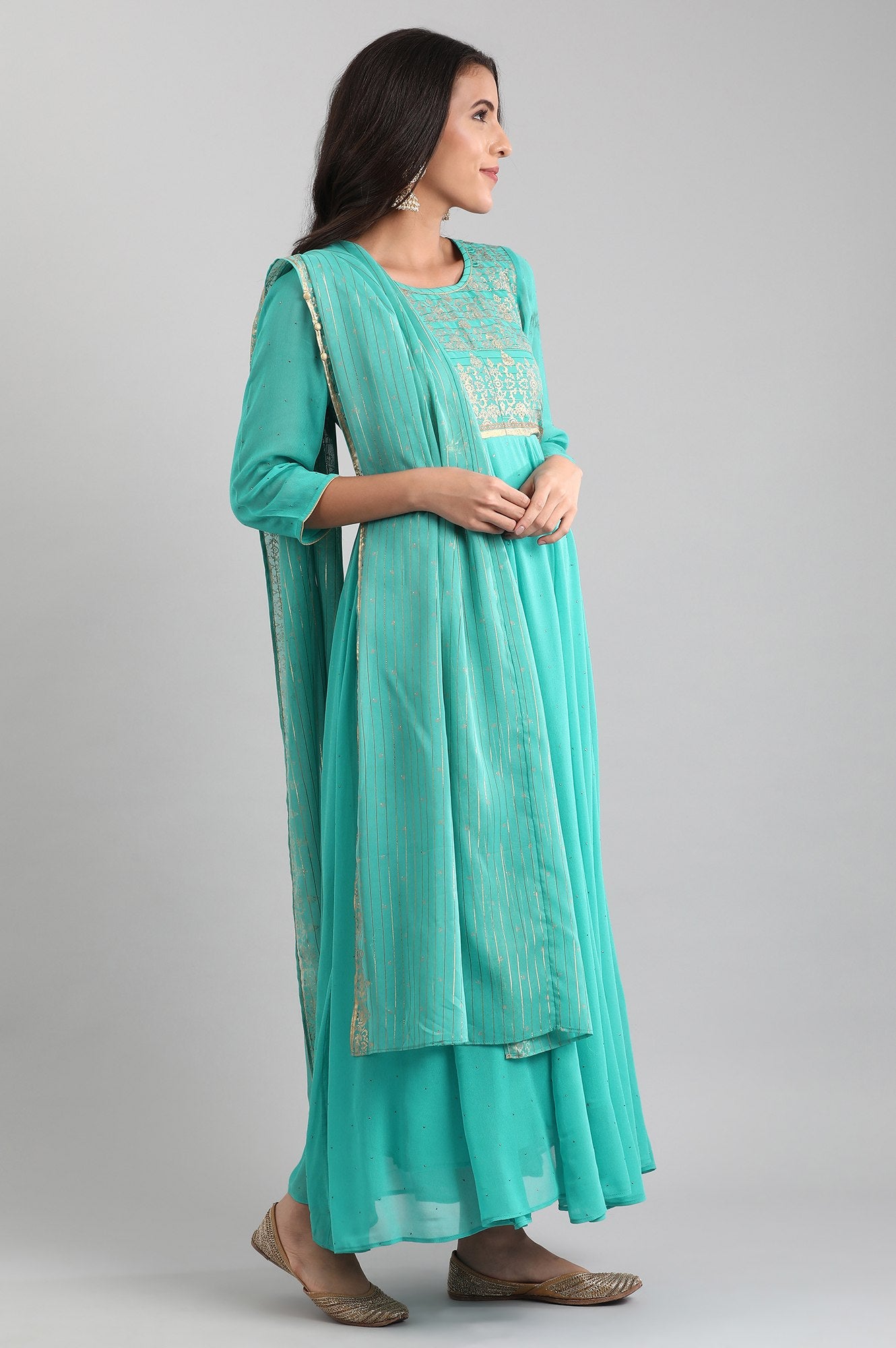 Green Round Neck kurta with Dupatta