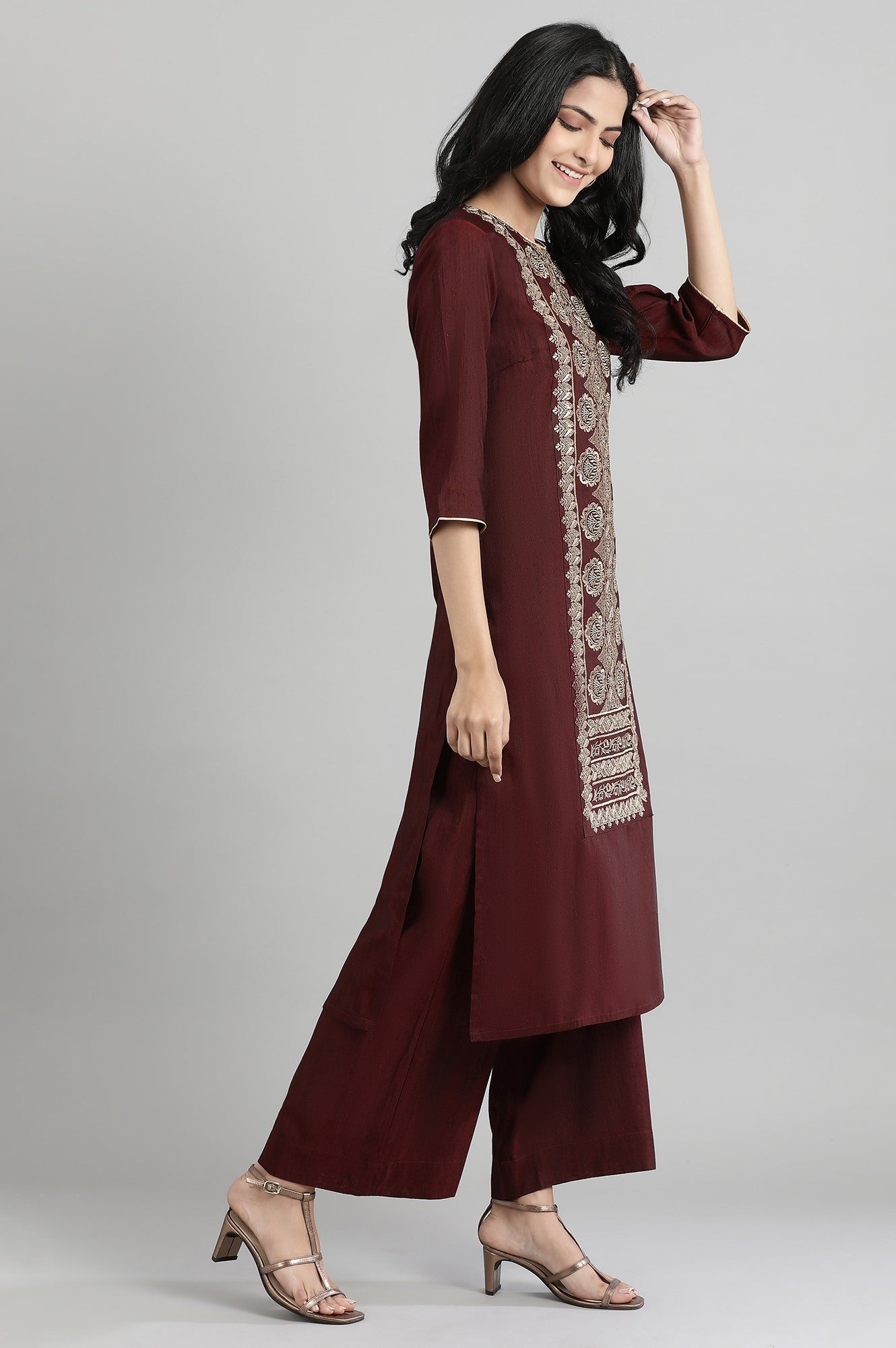 Maroon Dobby kurta- Palazzo Pants Set