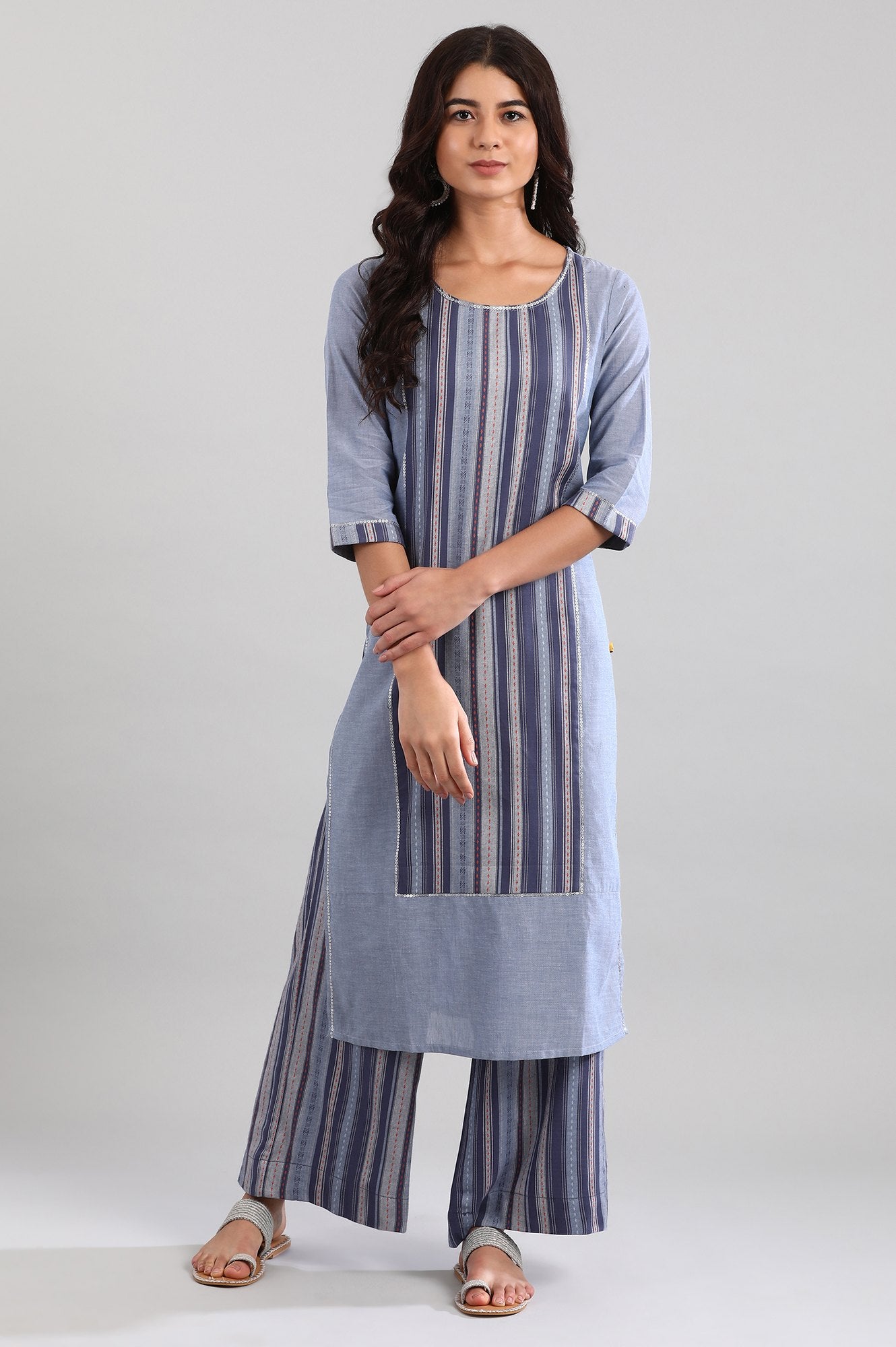 Blue Dobby kurta- Palazzo Pants Set