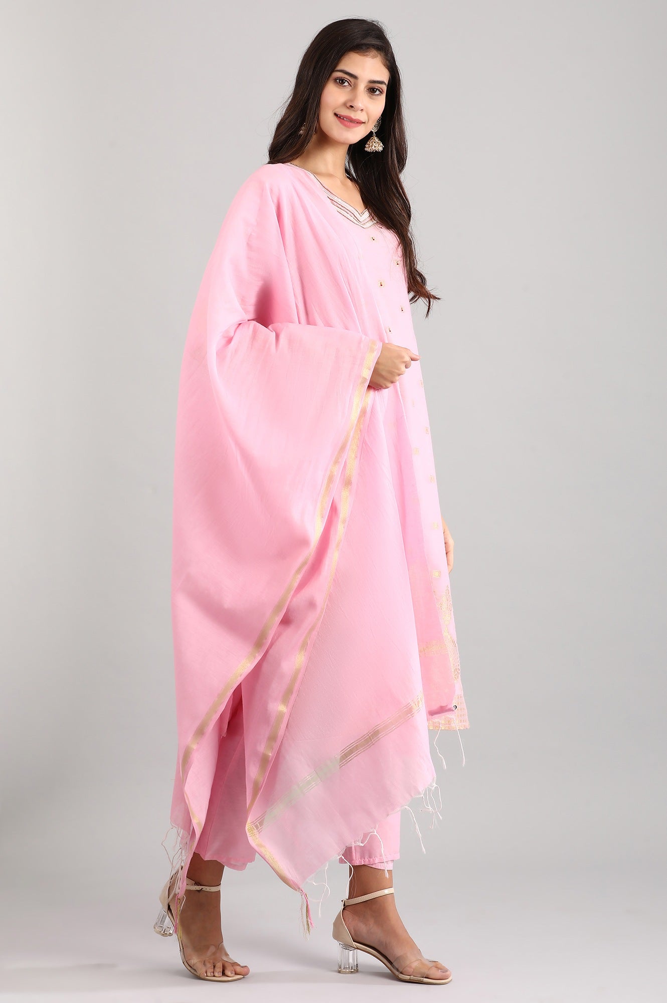 Pink Sweetheart Neck kurta Set