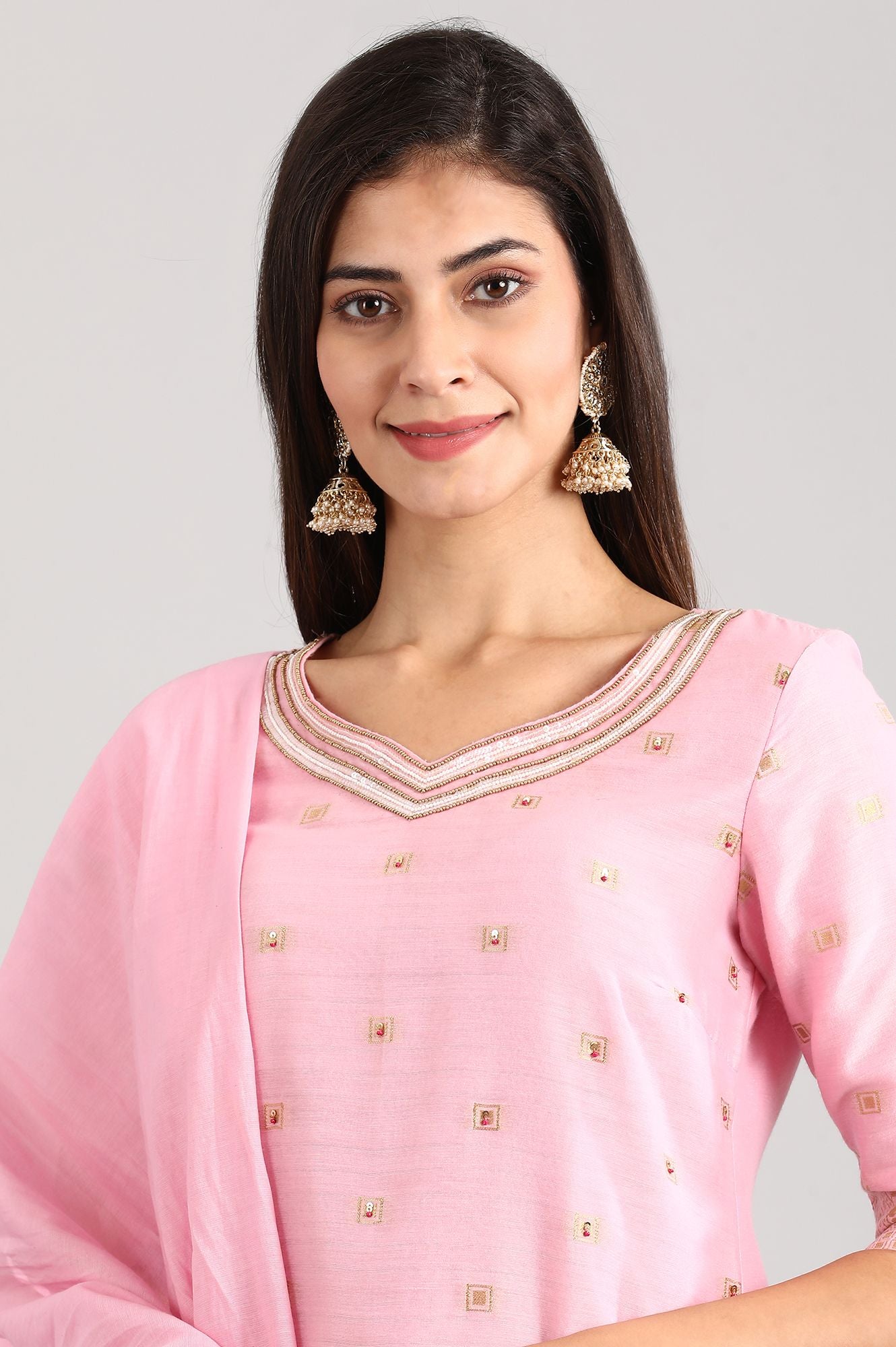 Pink Sweetheart Neck kurta Set