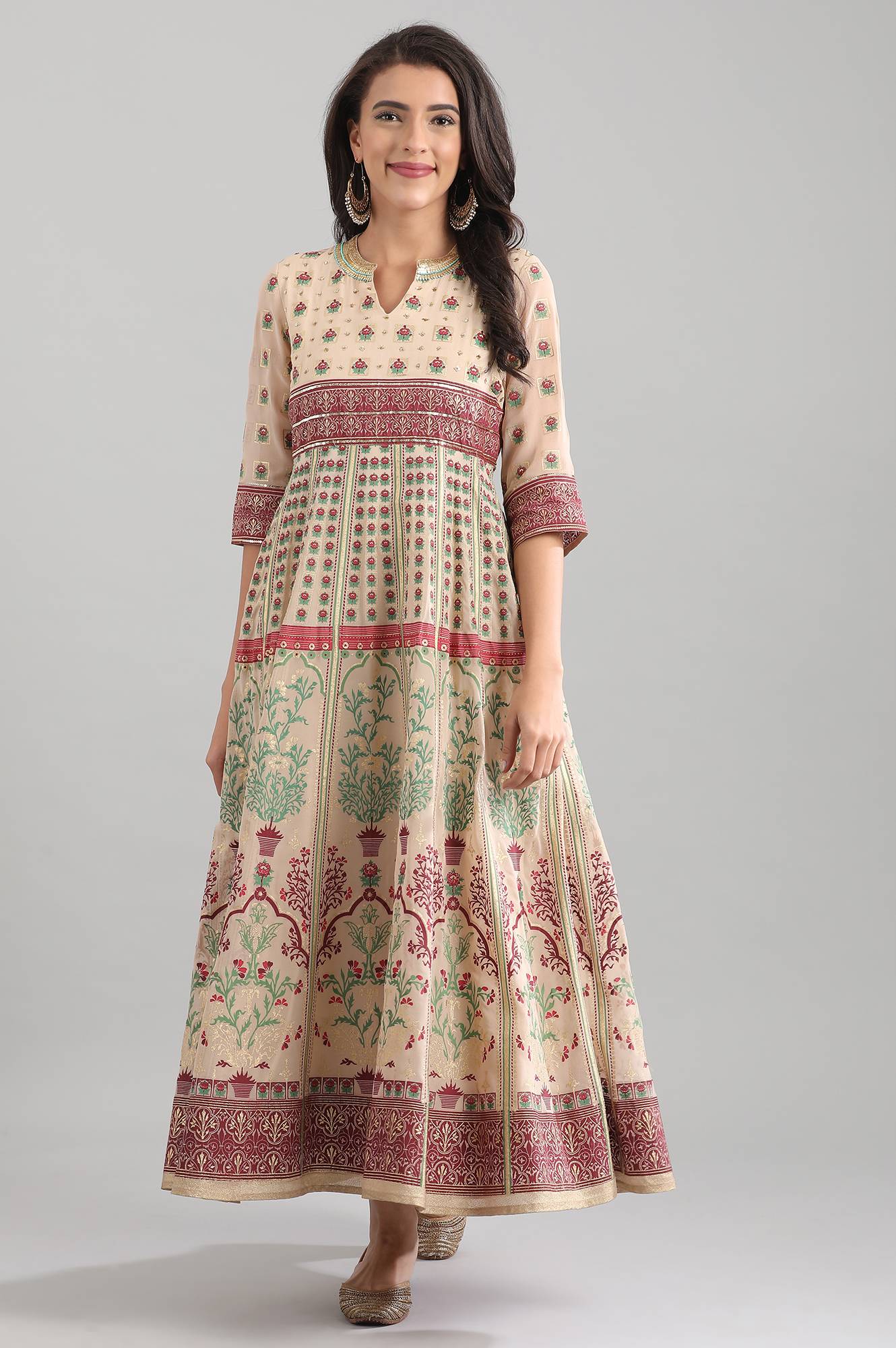 Beige Round Neck Printed Dress