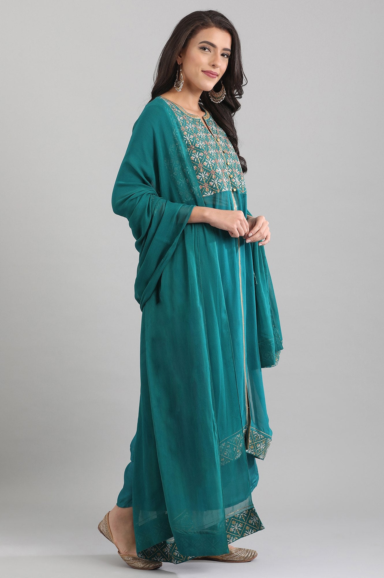 Teal Band Collar kurta Set