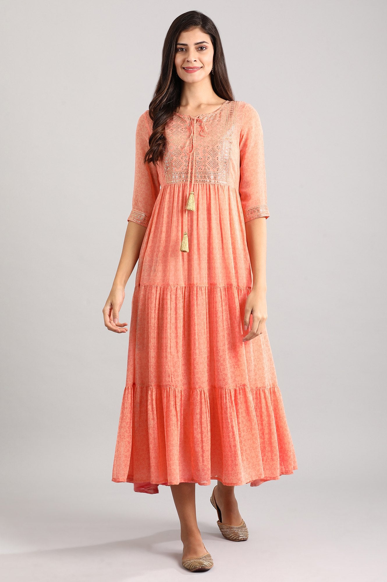 Peach Round Neck Printed Dress