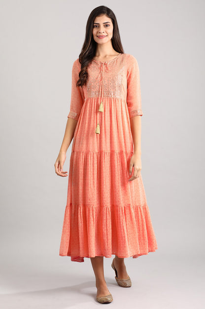 Peach Round Neck Printed Dress