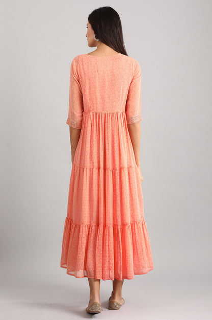 Peach Round Neck Printed Dress