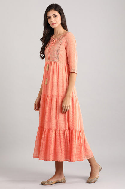 Peach Round Neck Printed Dress