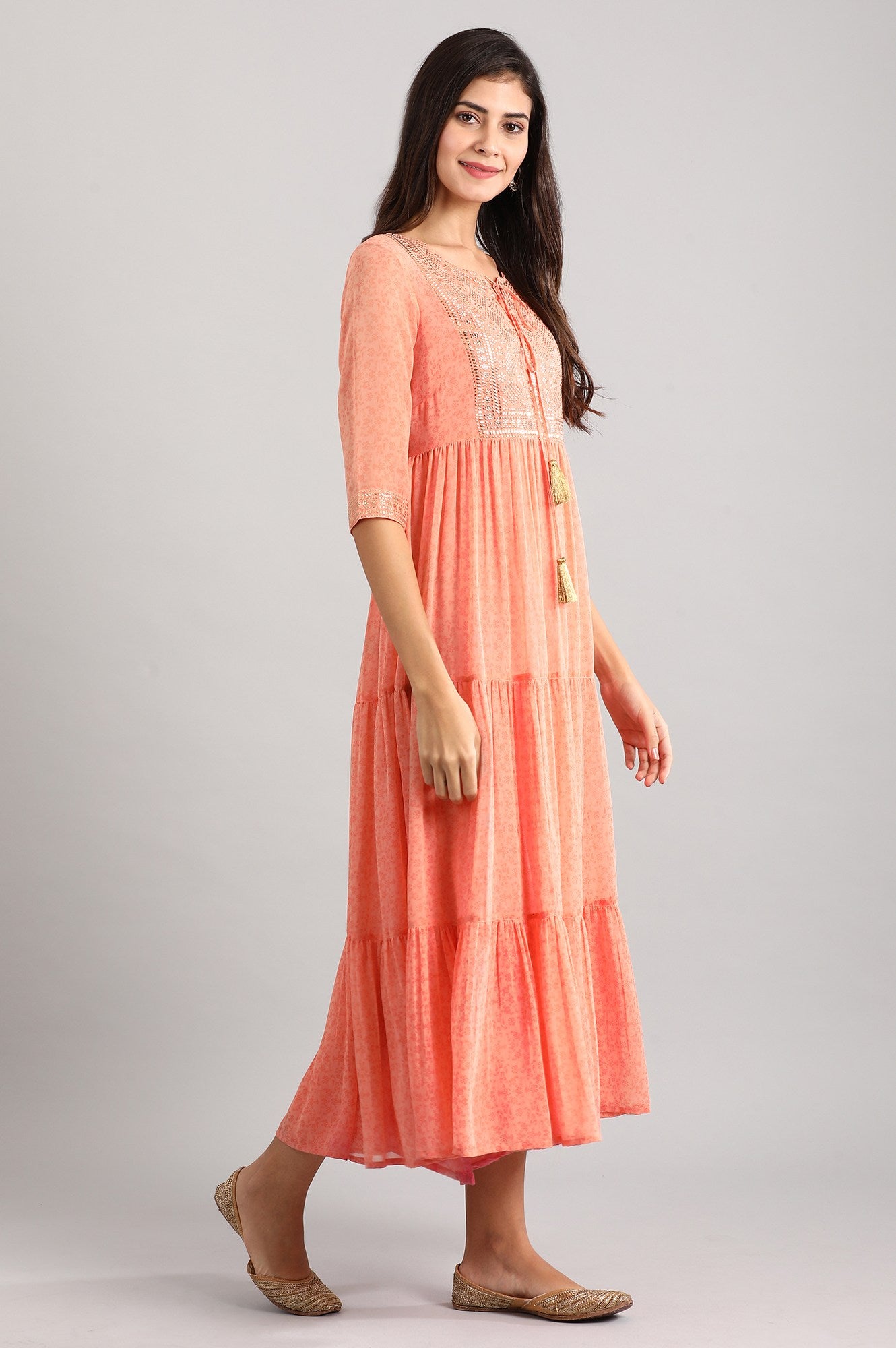 Peach Round Neck Printed Dress