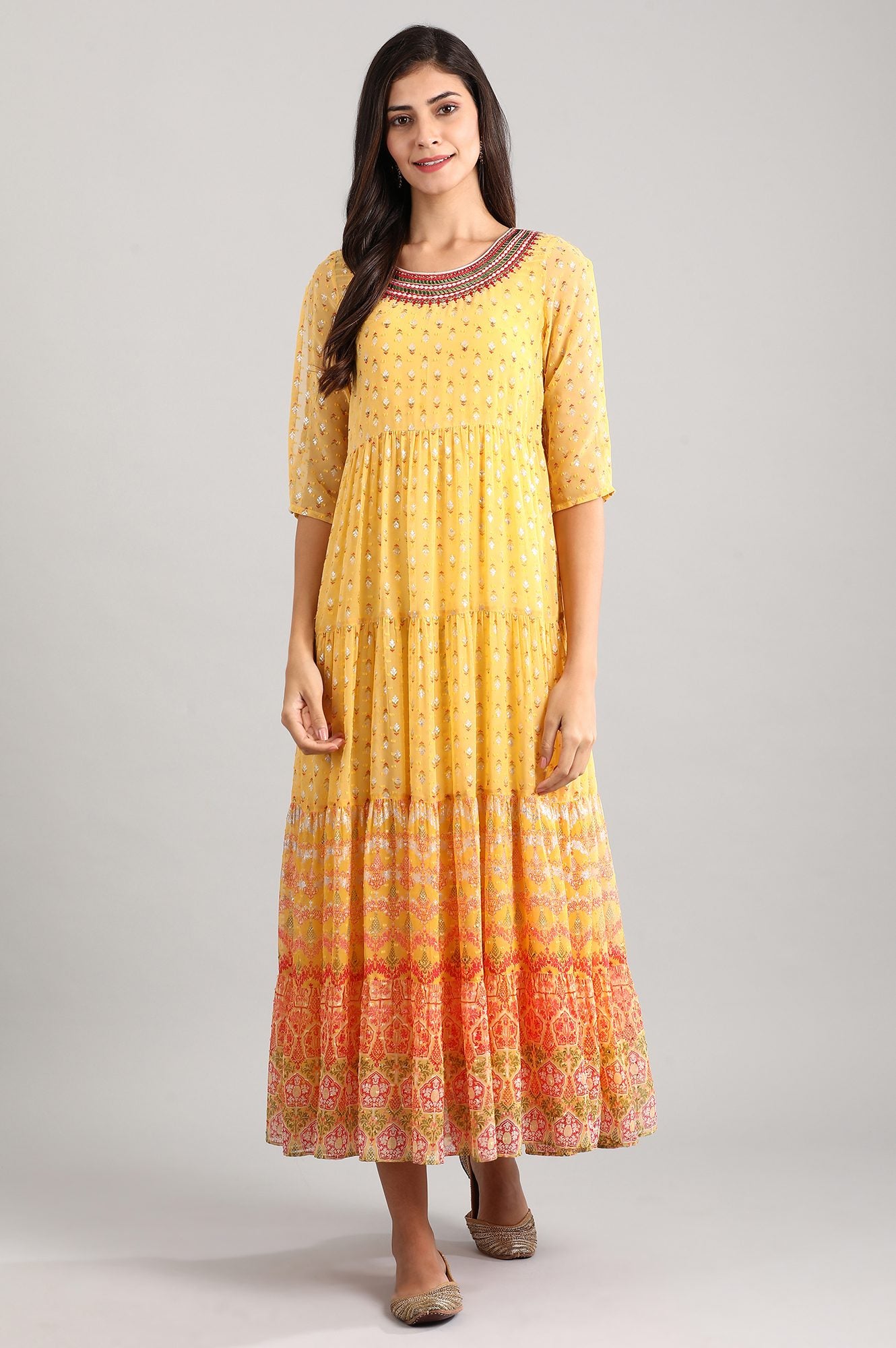 Yellow Round Neck Tiered Dress