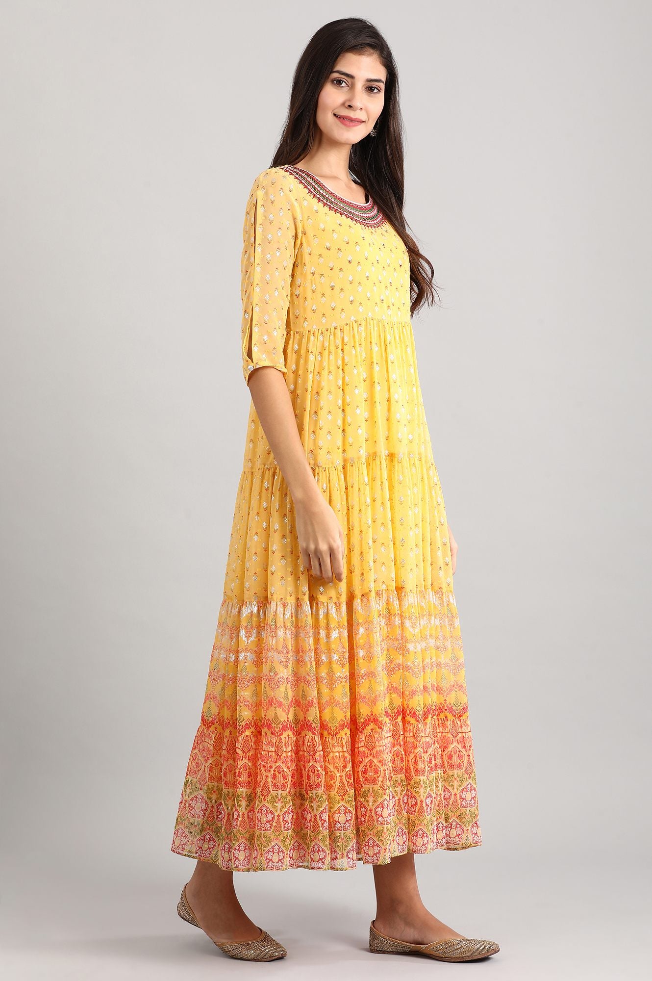 Yellow Round Neck Tiered Dress