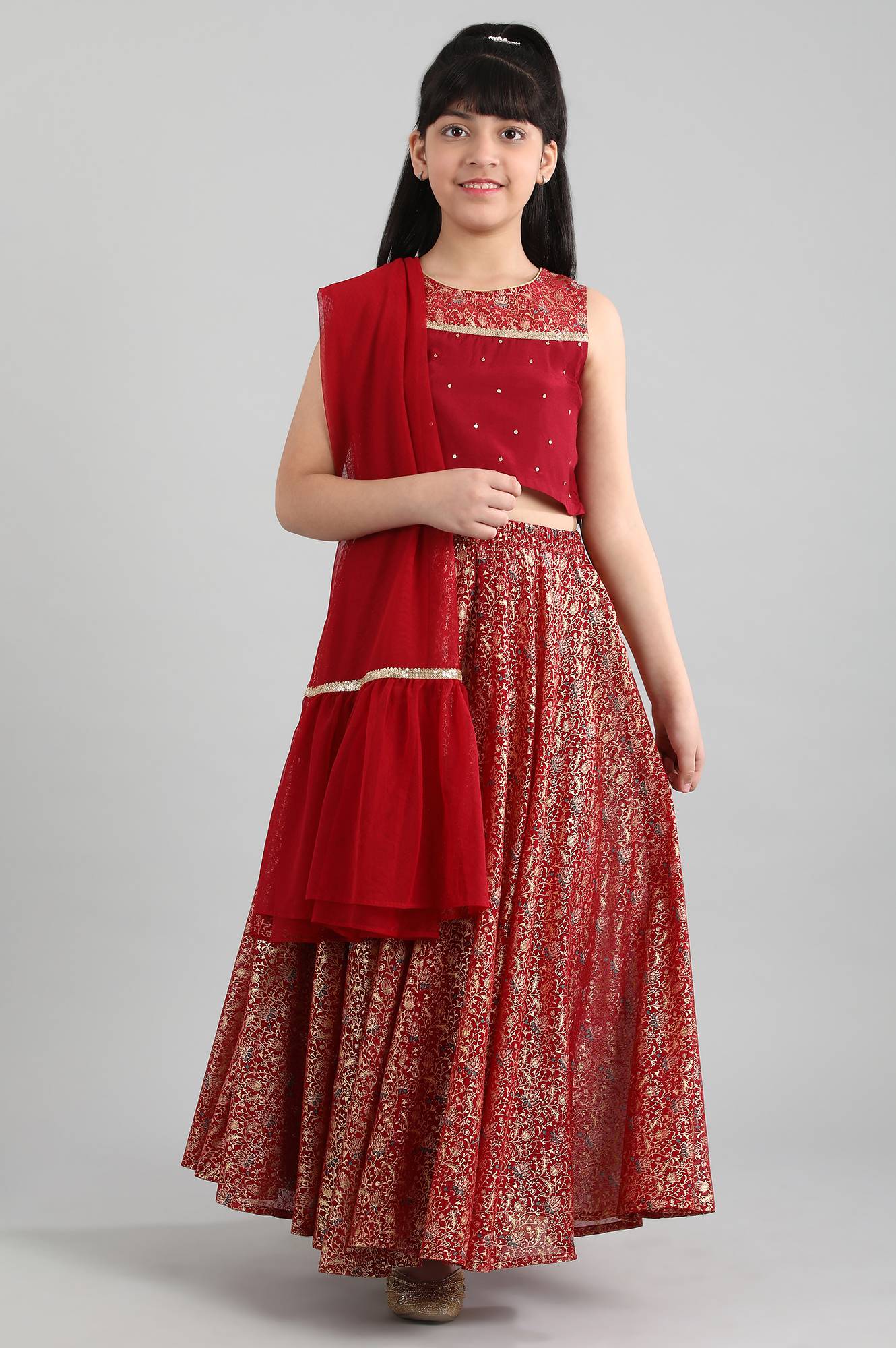 Red Top-Skirt-Dupatta Girls Set