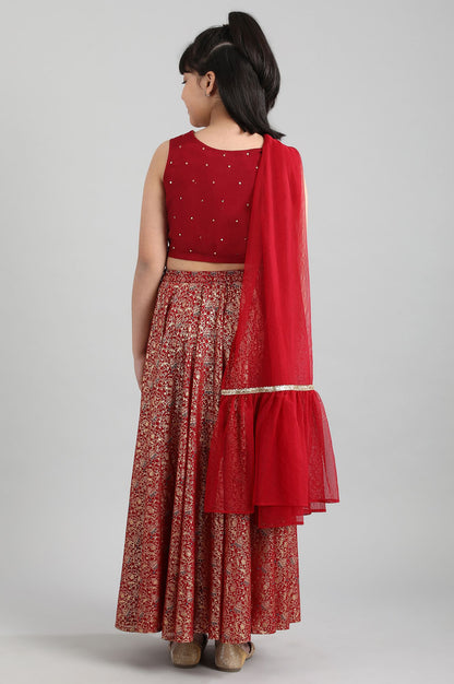 Red Top-Skirt-Dupatta Girls Set