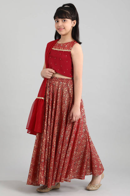 Red Top-Skirt-Dupatta Girls Set