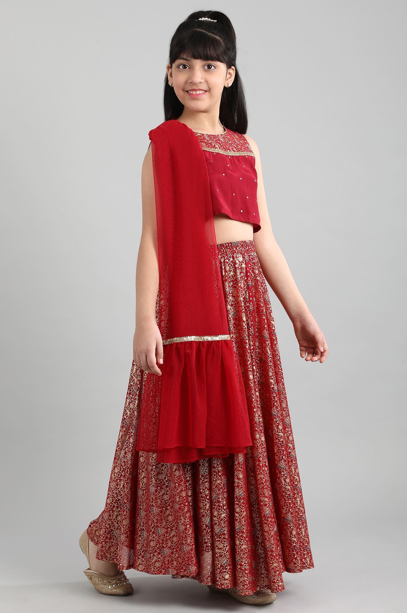 Red Top-Skirt-Dupatta Girls Set