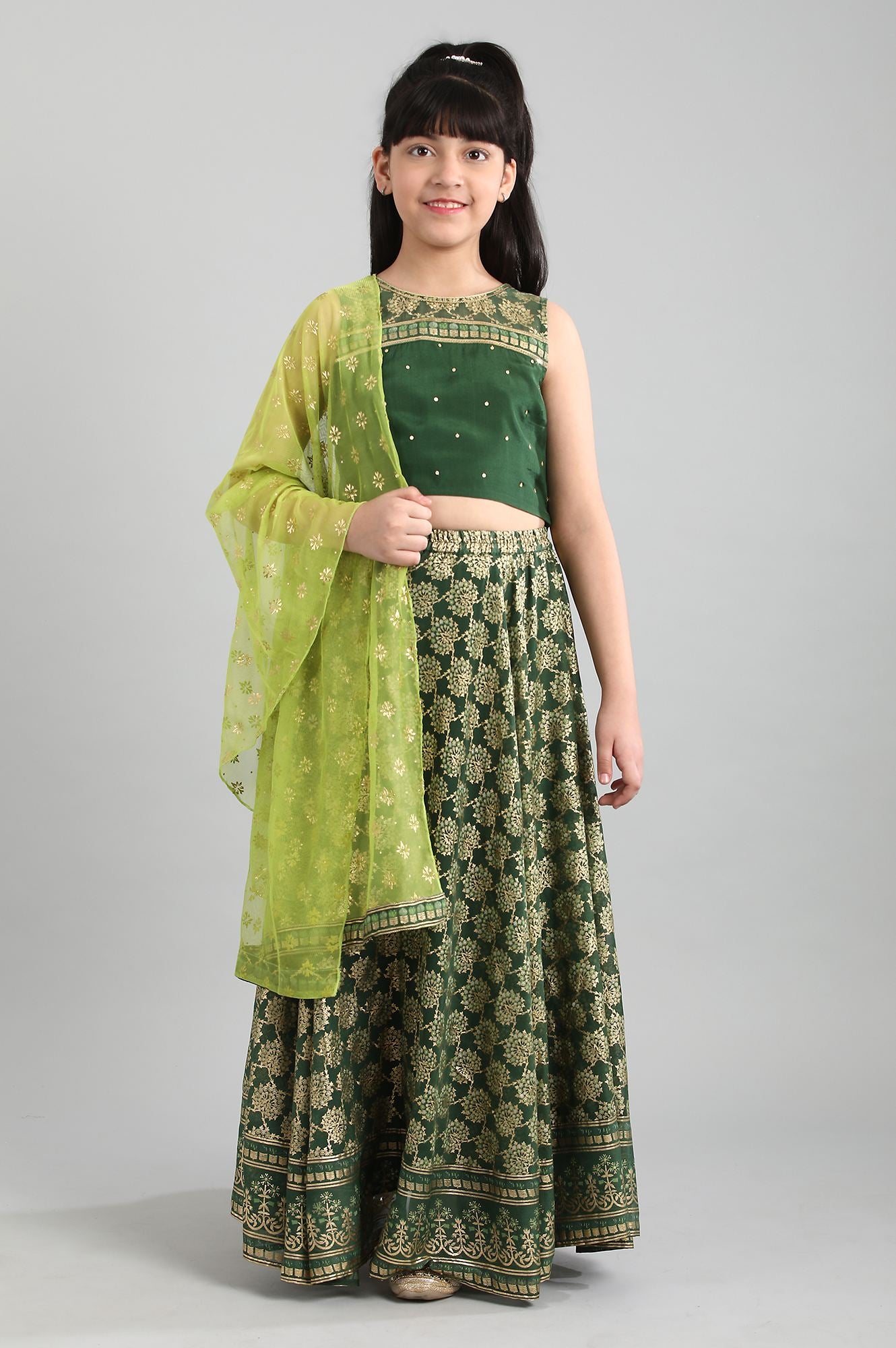Dark Green Top-Skirt-Dupatta Girls Set