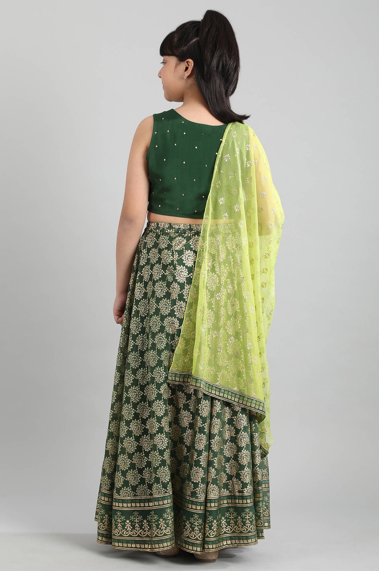 Dark Green Top-Skirt-Dupatta Girls Set