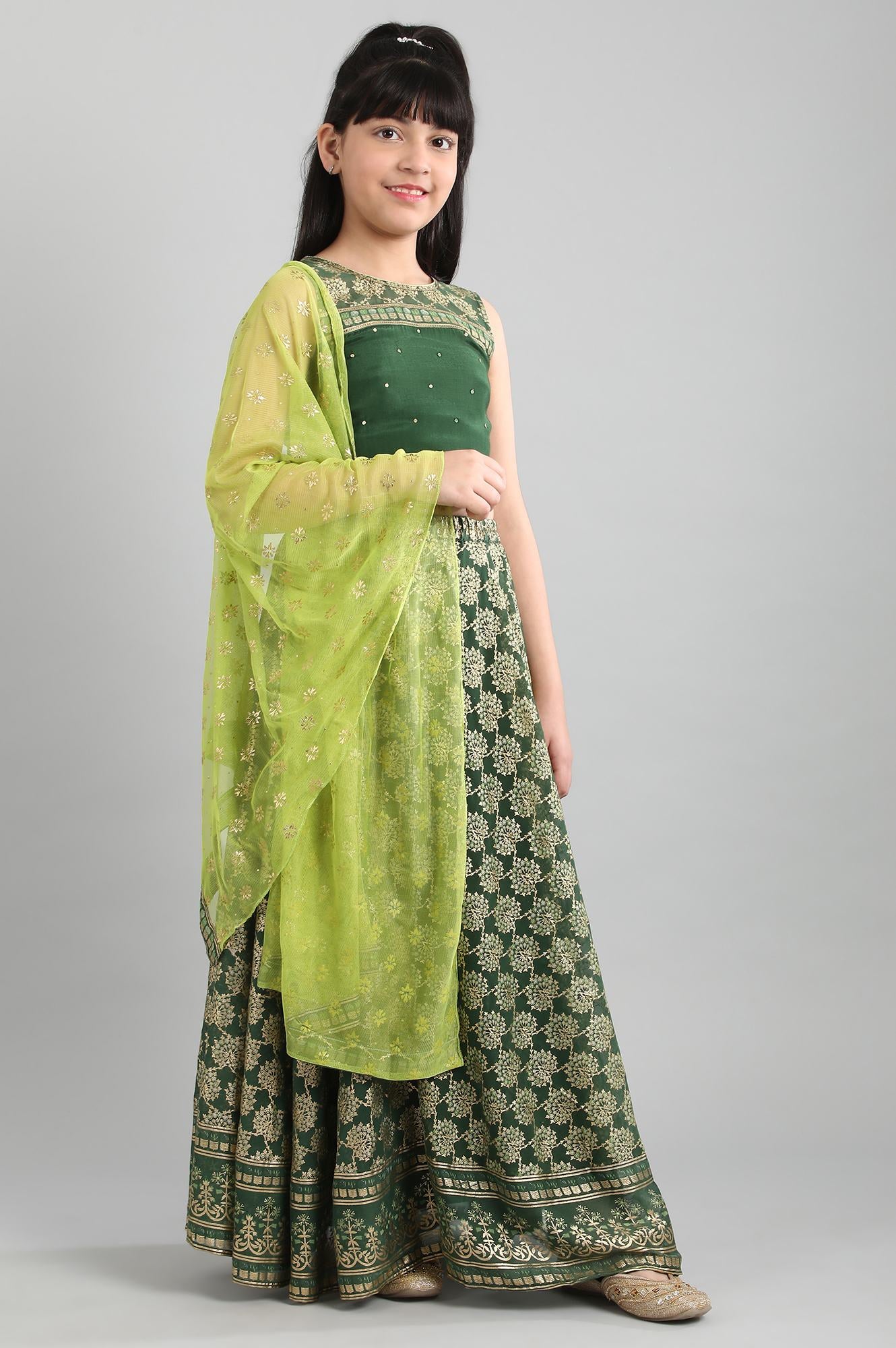 Dark Green Top-Skirt-Dupatta Girls Set