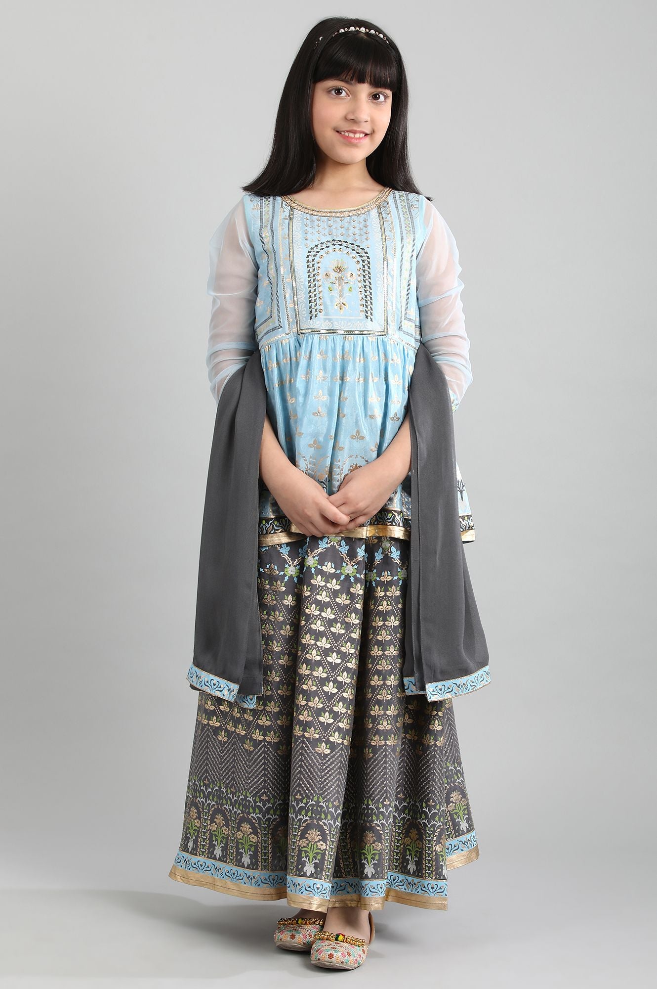 Blue kurta-Grey Skirt-Dupatta Girls Set