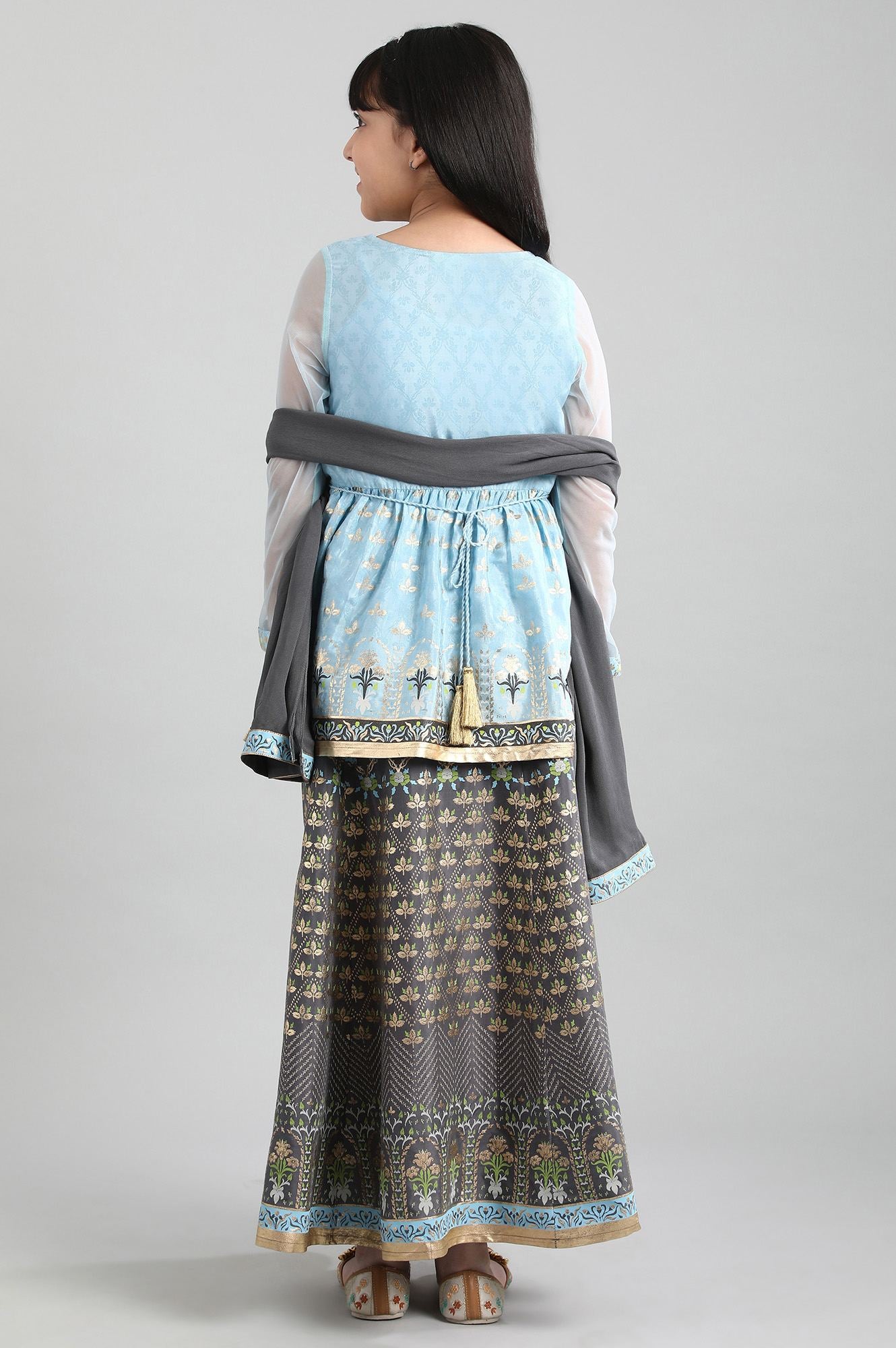 Blue kurta-Grey Skirt-Dupatta Girls Set