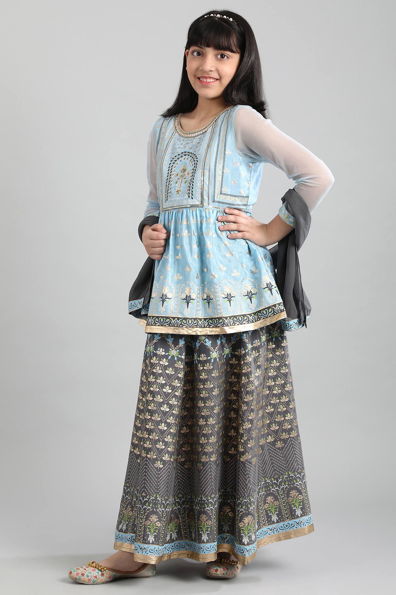 Blue kurta-Grey Skirt-Dupatta Girls Set