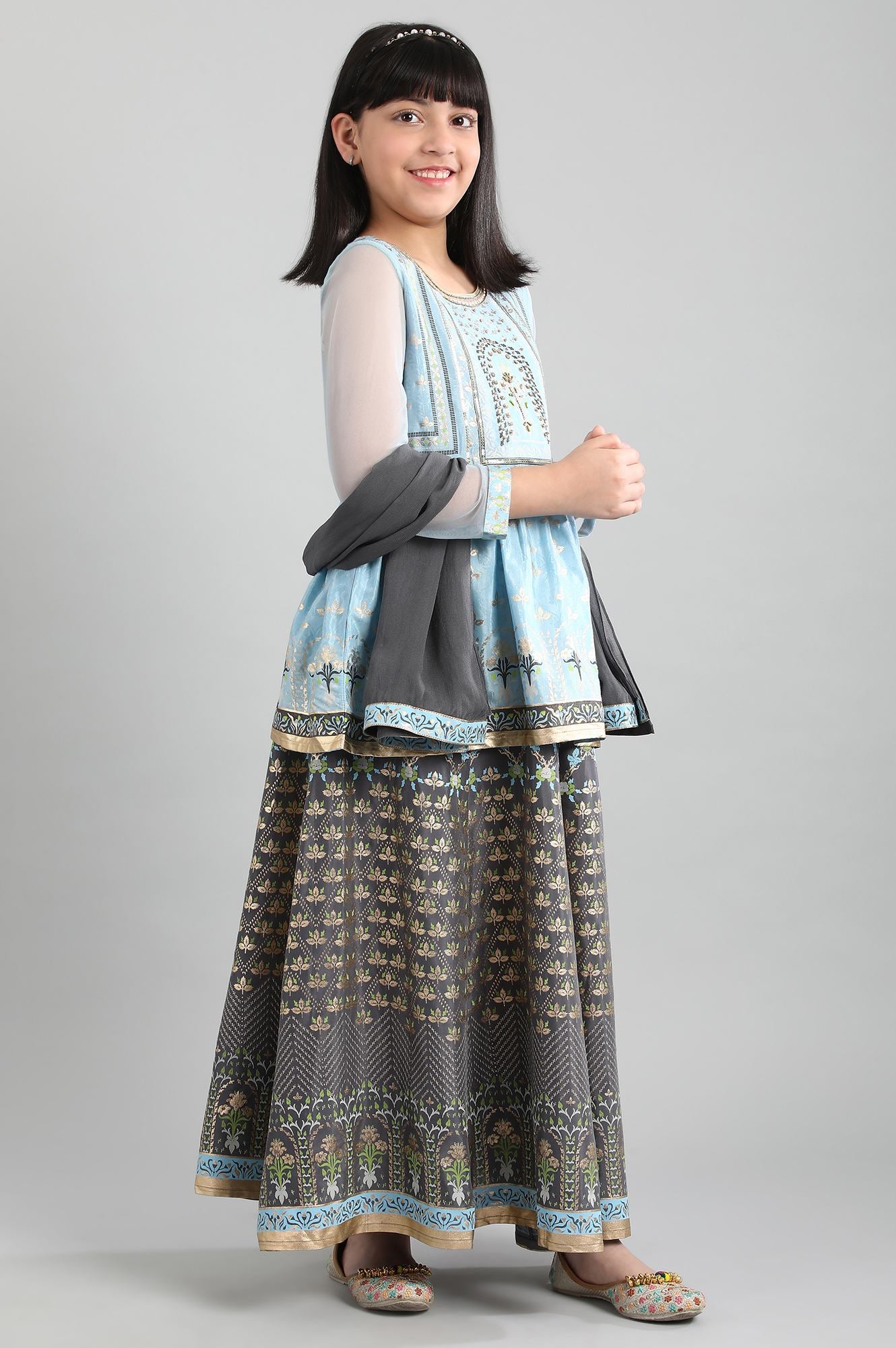 Blue kurta-Grey Skirt-Dupatta Girls Set