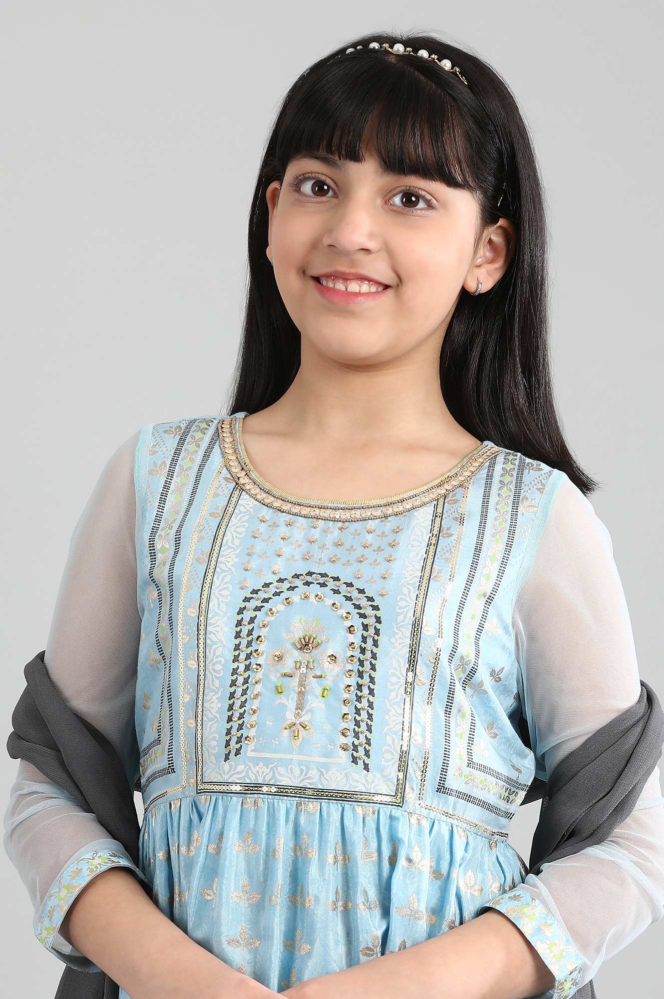 Blue kurta-Grey Skirt-Dupatta Girls Set