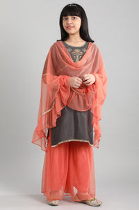 Grey kurta-Peach Sharara-Dupatta Set