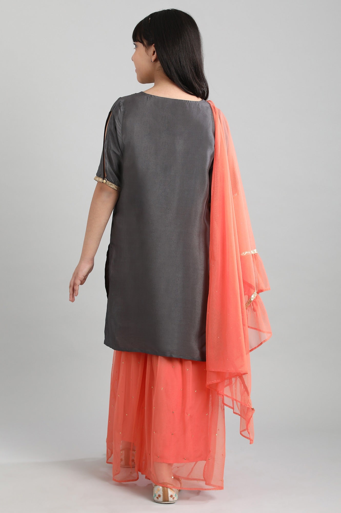 Grey kurta-Peach Sharara-Dupatta Set