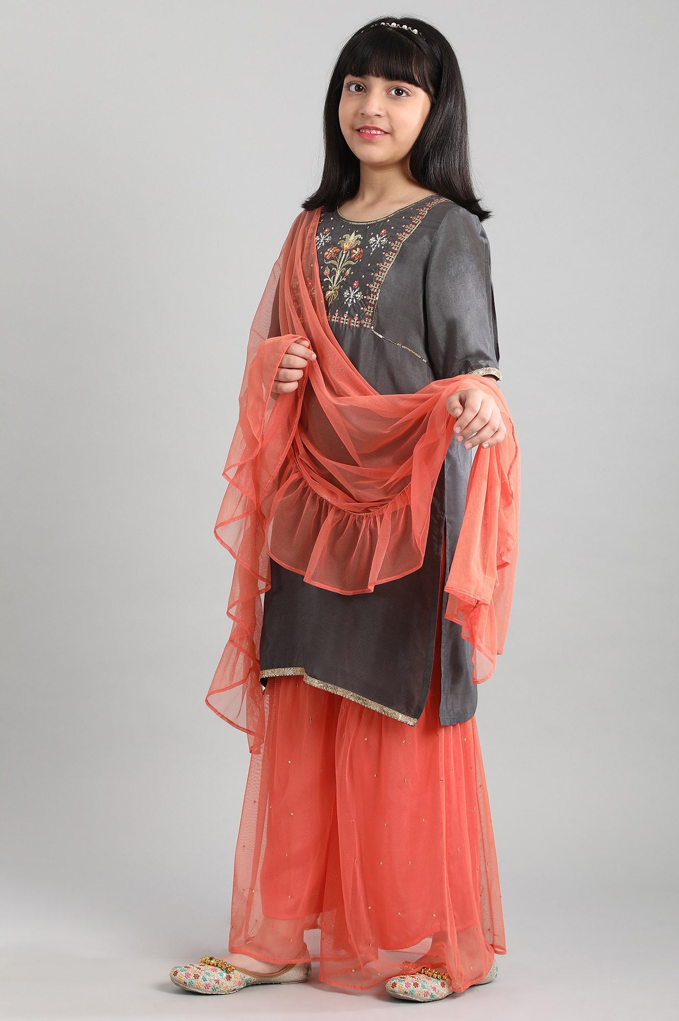 Grey kurta-Peach Sharara-Dupatta Set