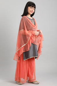 Grey kurta-Peach Sharara-Dupatta Set