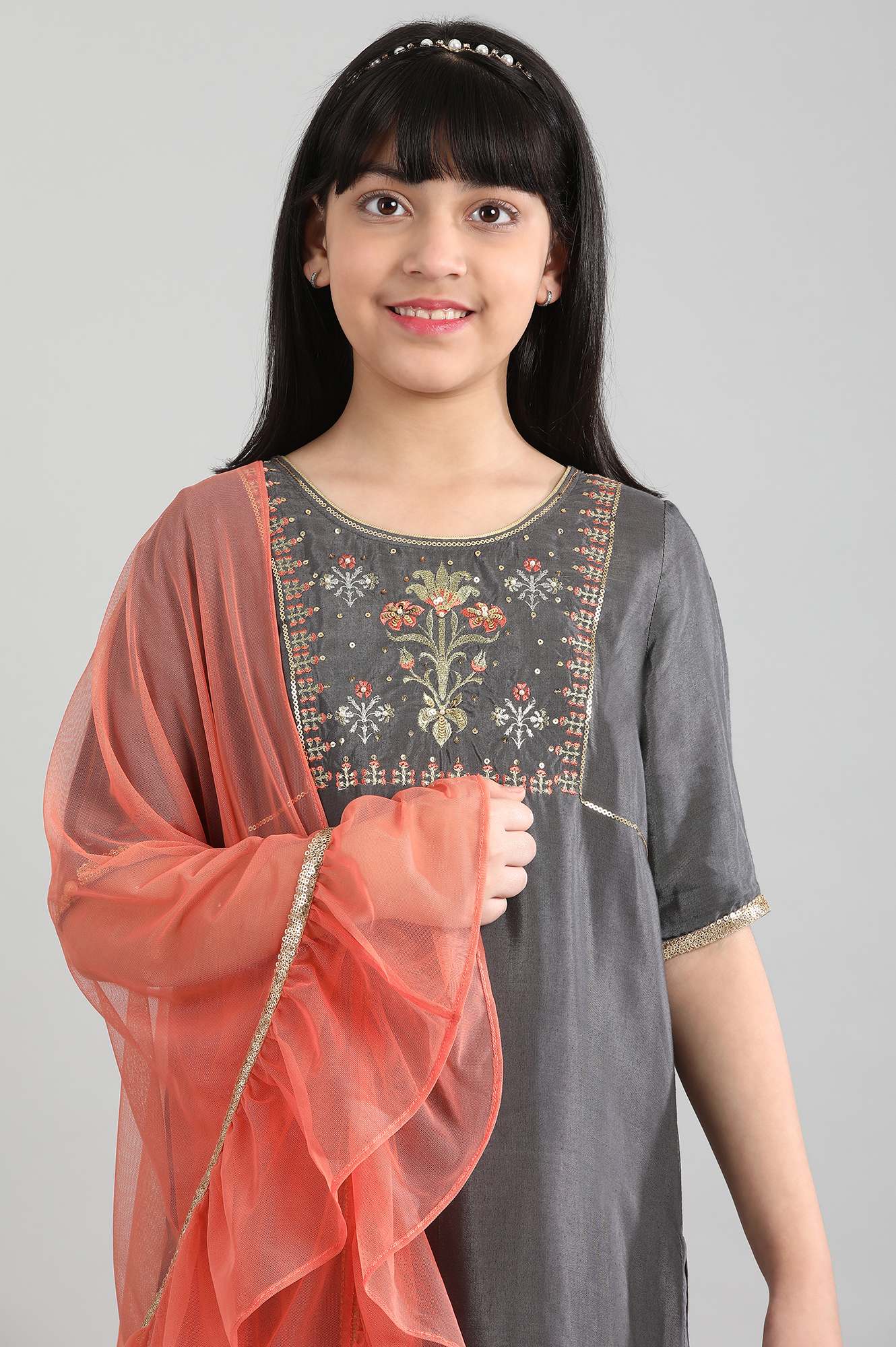 Grey kurta-Peach Sharara-Dupatta Set
