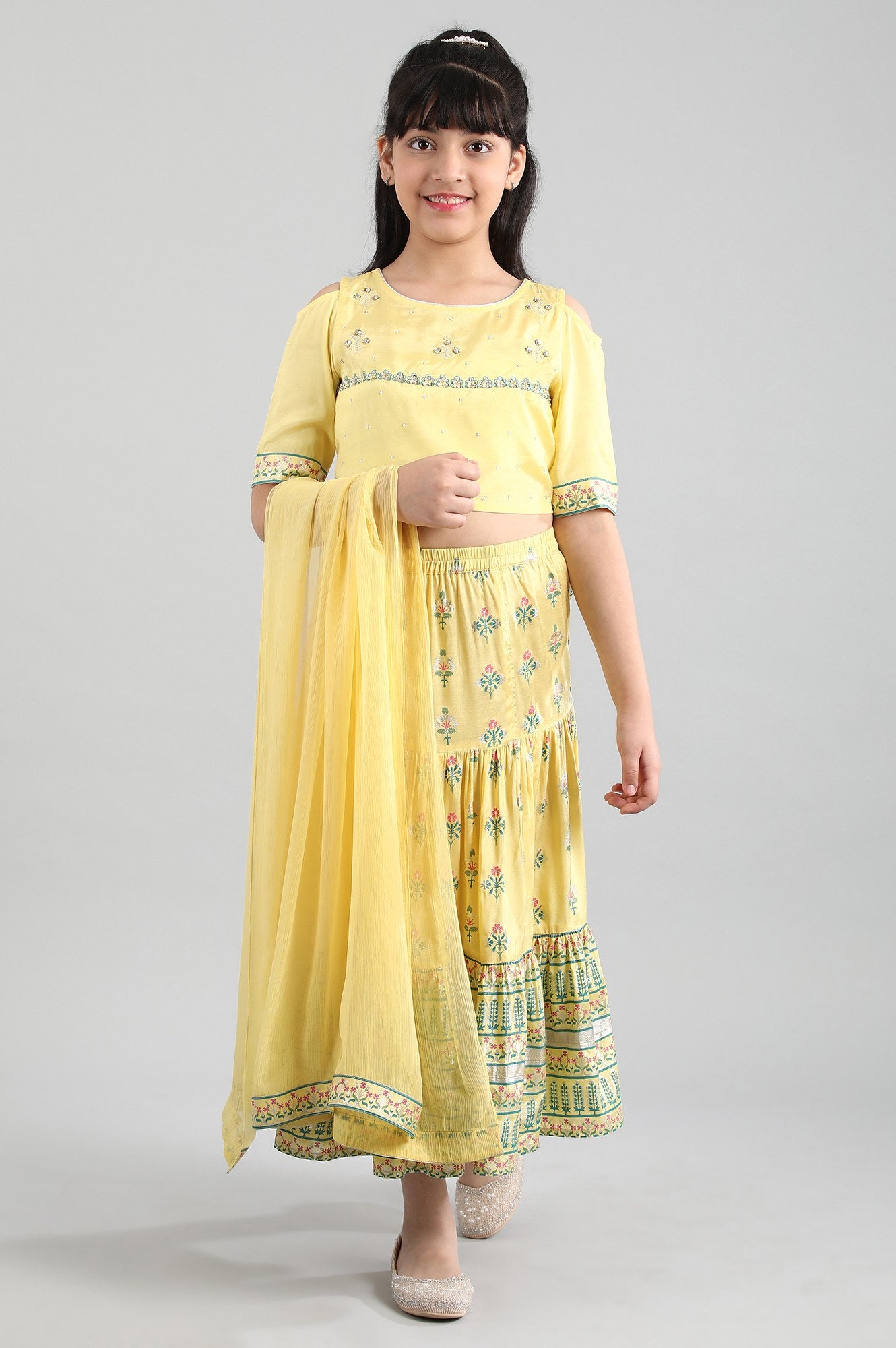 Yellow Crop Top-Skirt-Dupatta Girls Set