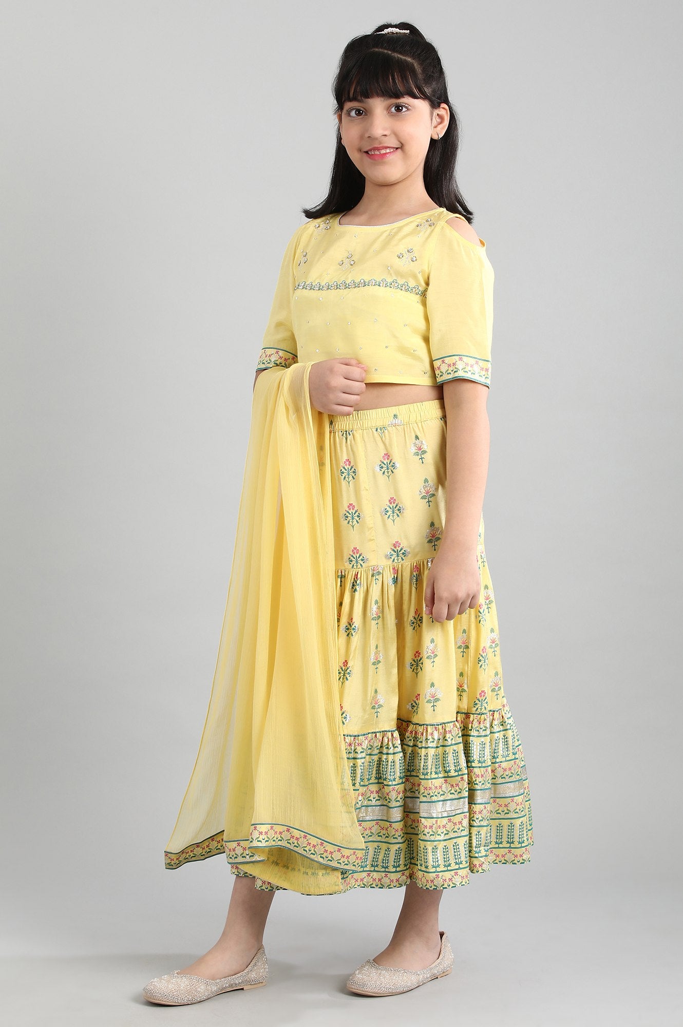 Yellow Crop Top-Skirt-Dupatta Girls Set