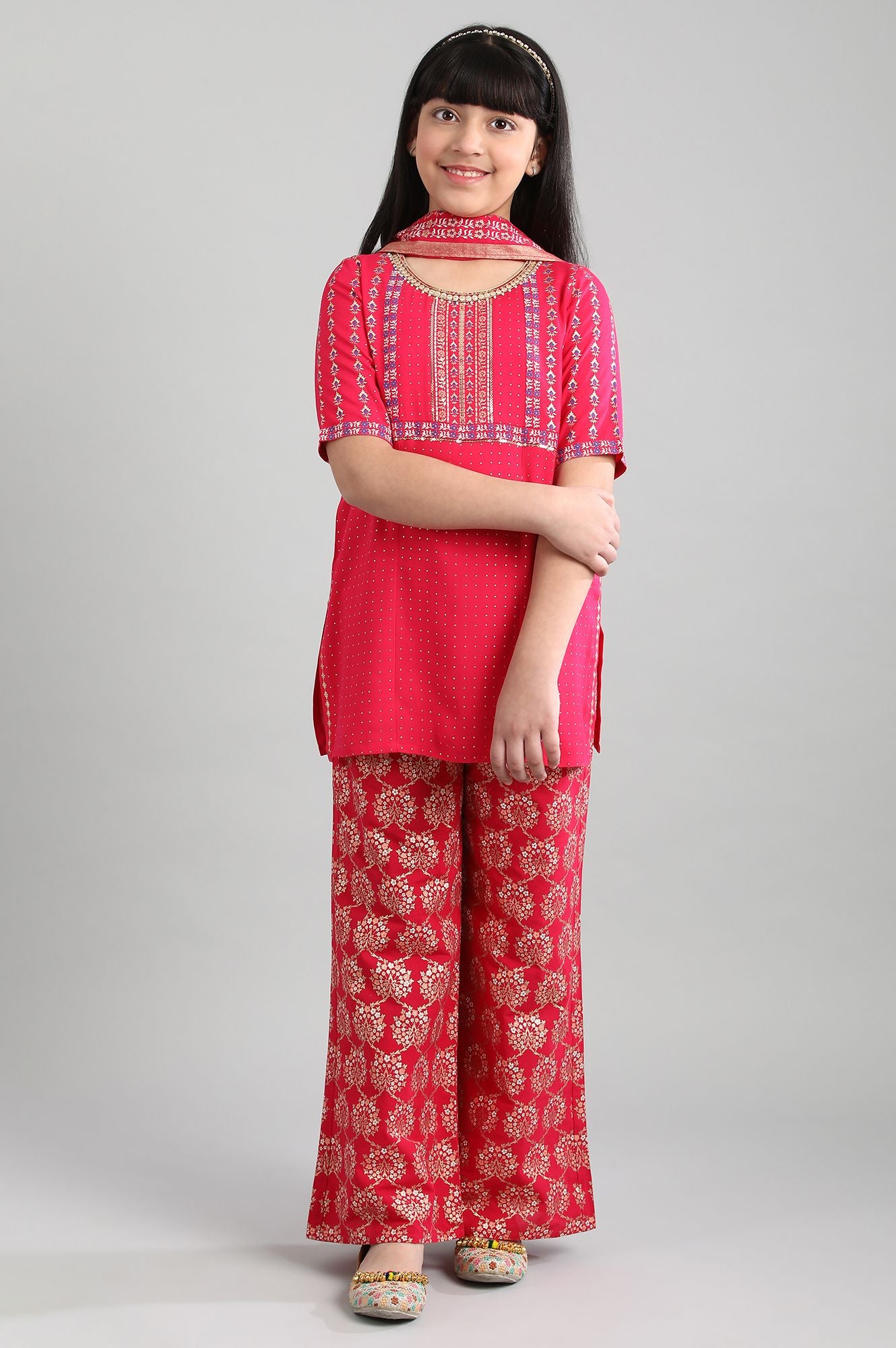 Pink Printed kurta- Palazzo-Dupatta Girls Set