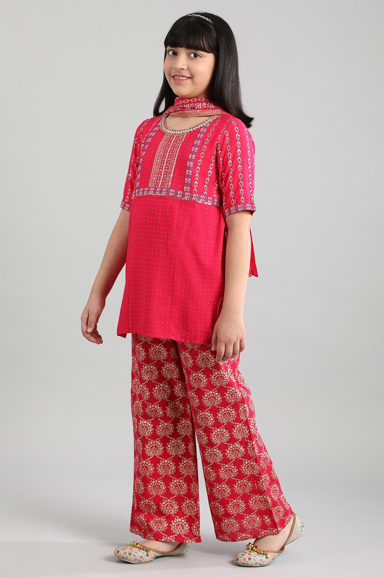 Pink Printed kurta- Palazzo-Dupatta Girls Set