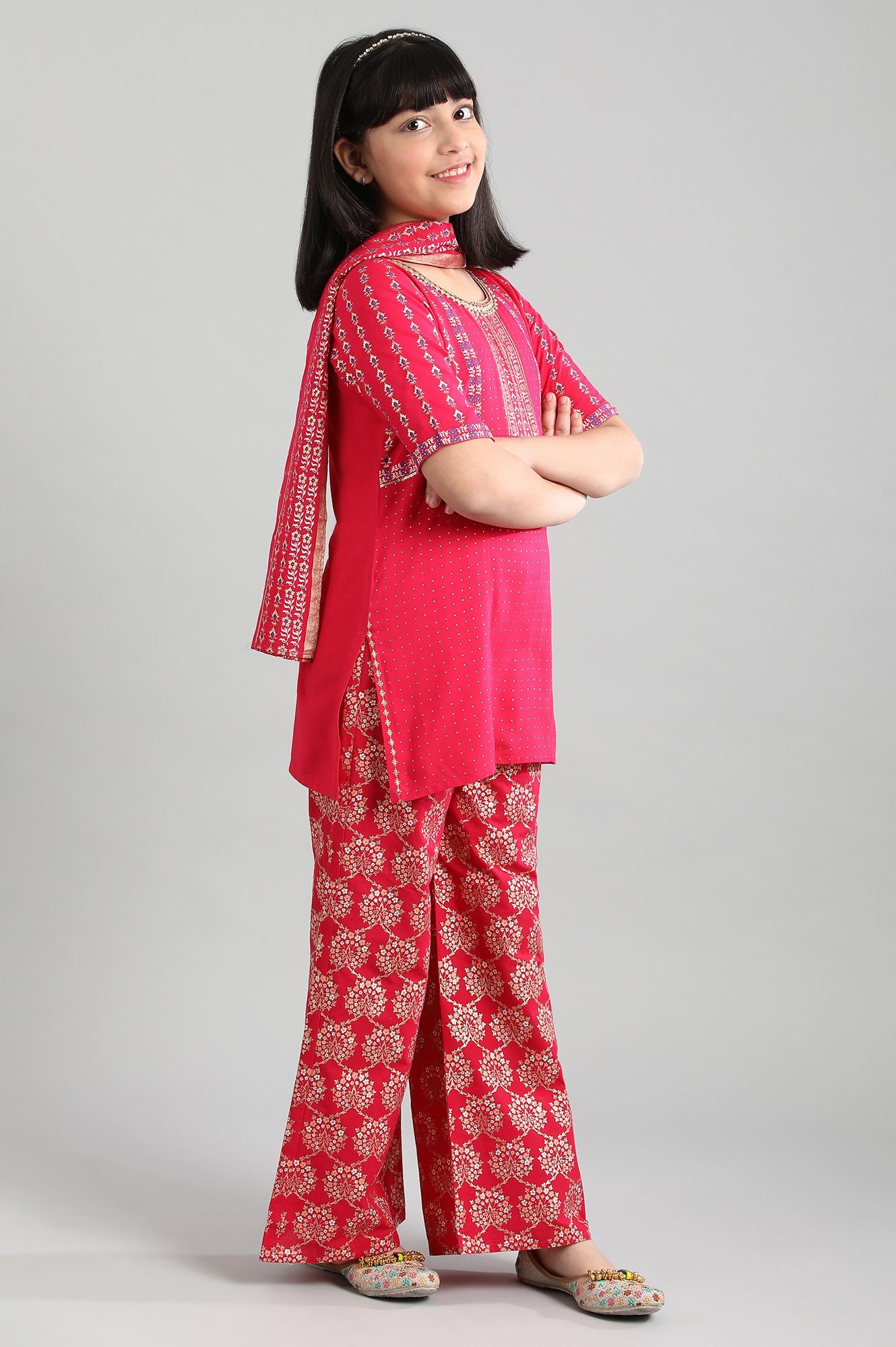 Pink Printed kurta- Palazzo-Dupatta Girls Set