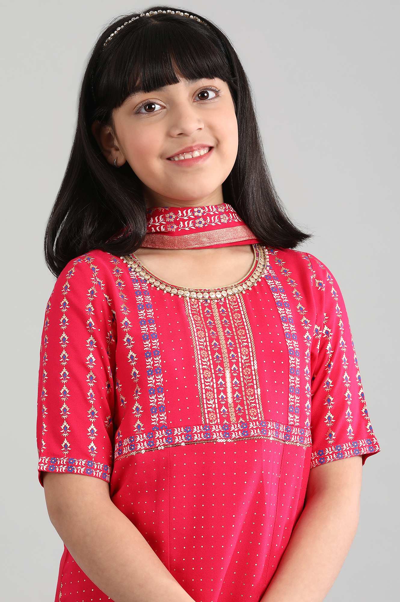 Pink Printed kurta- Palazzo-Dupatta Girls Set