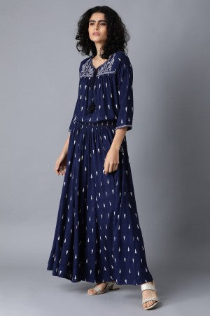 Blue Round Neck Printed kurta