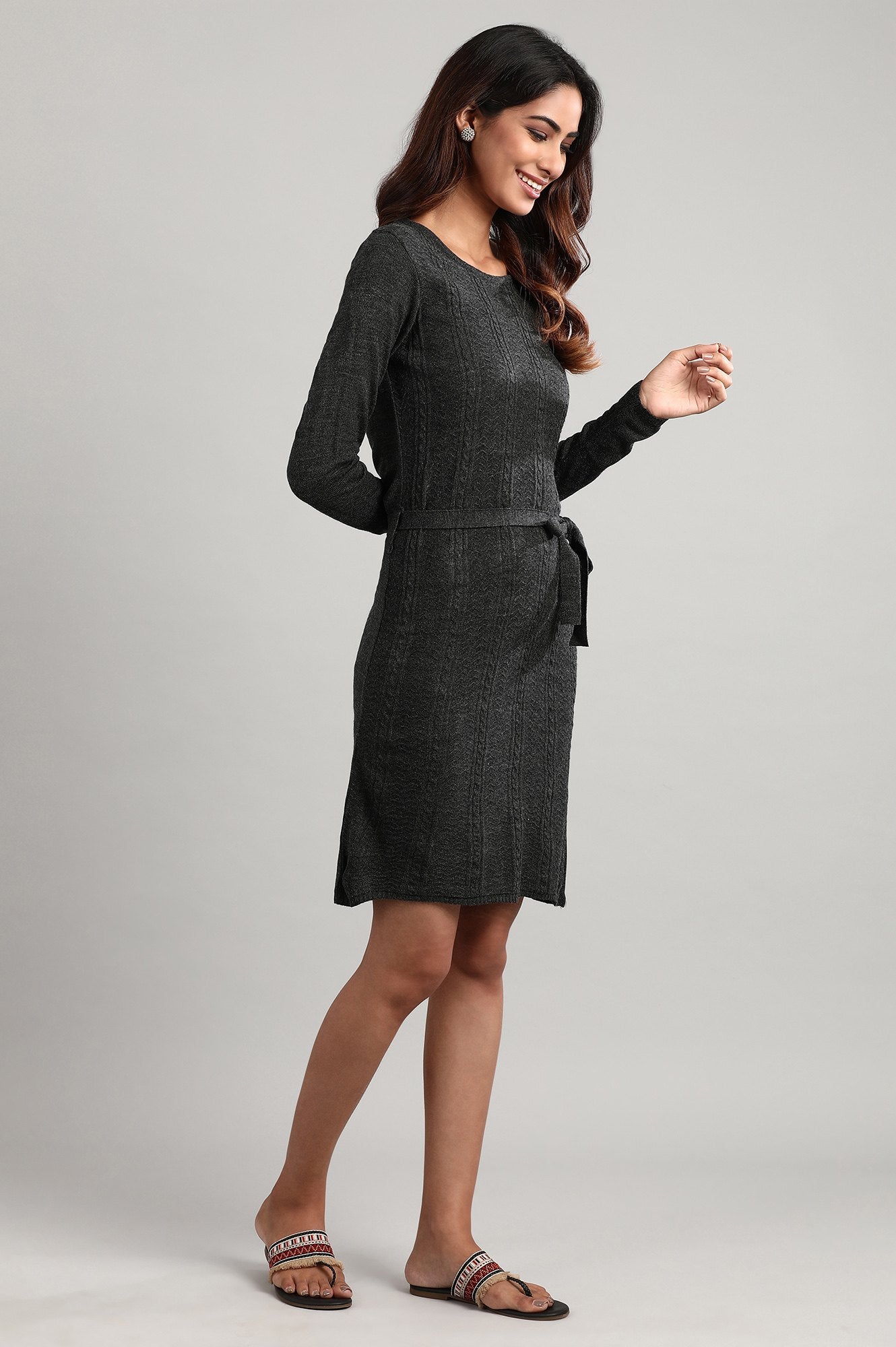 Grey Round Neck Winter Dress