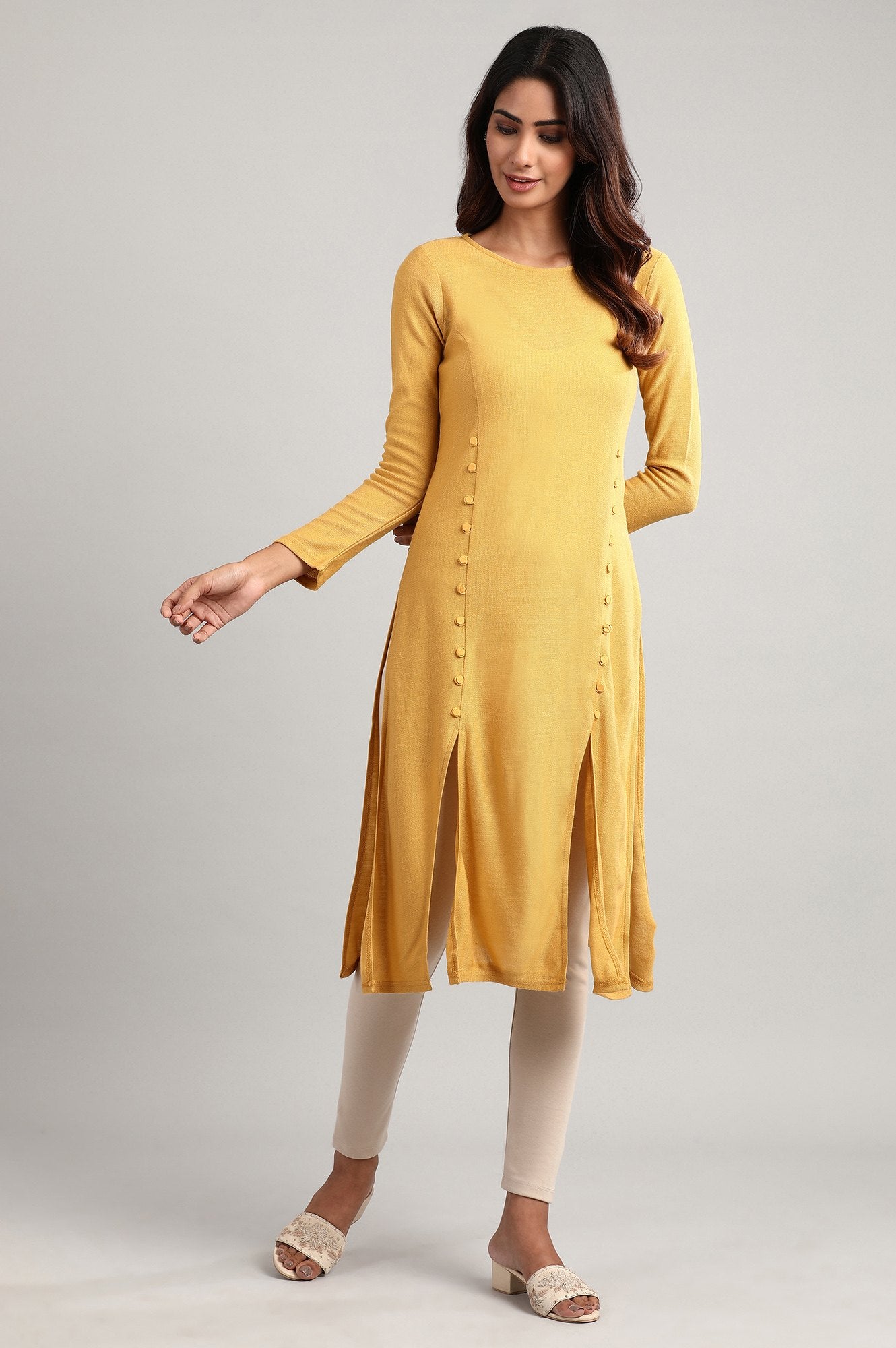 Yellow Round Neck Winter kurta