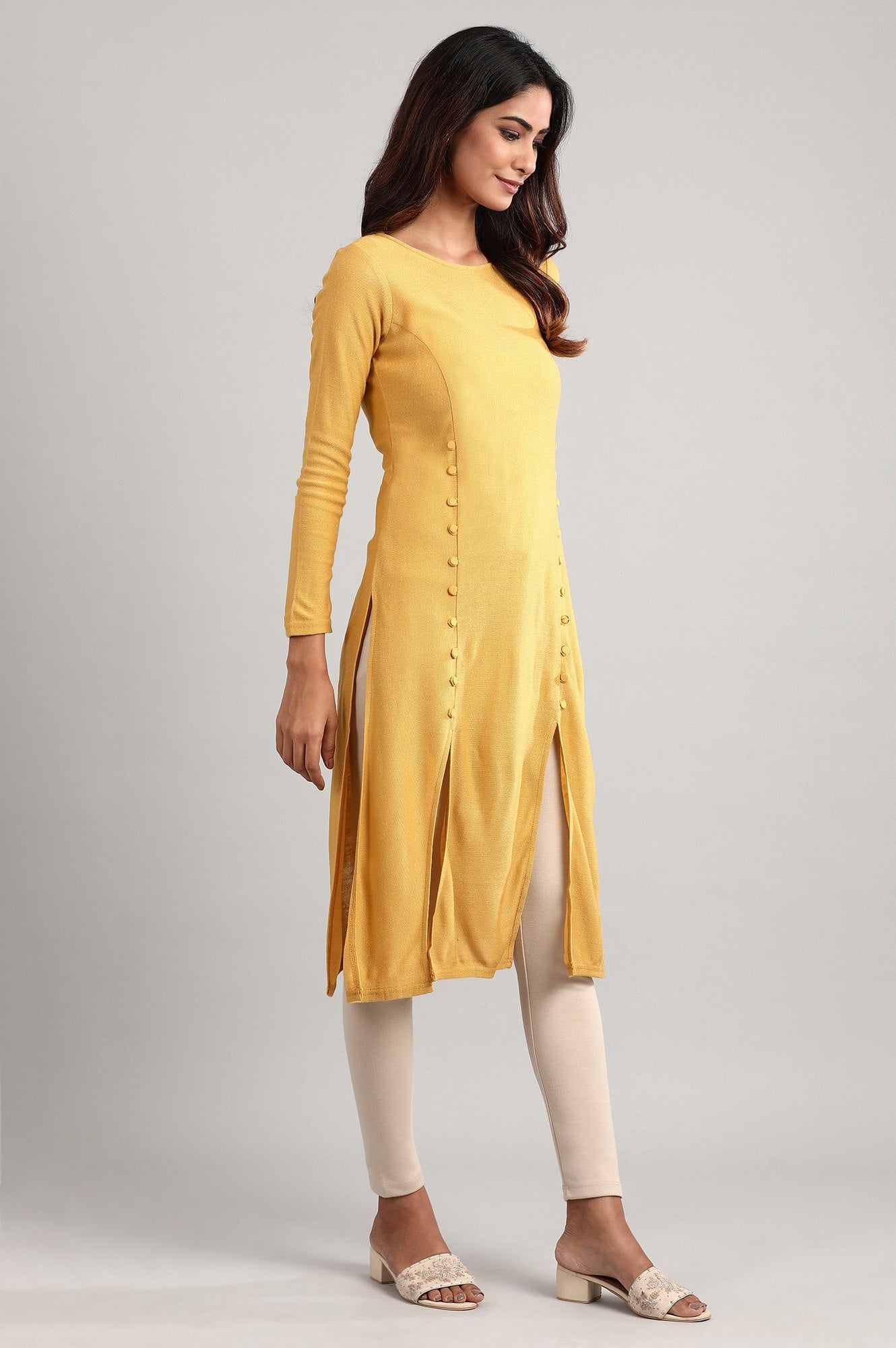 Yellow Round Neck Winter kurta